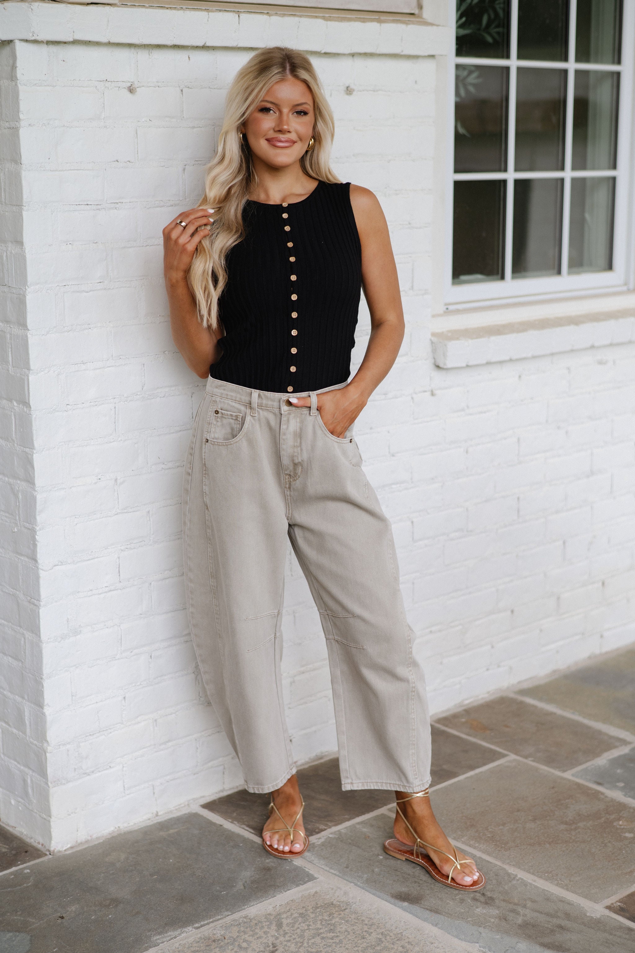 Button Closure Sleeveless Top-Black