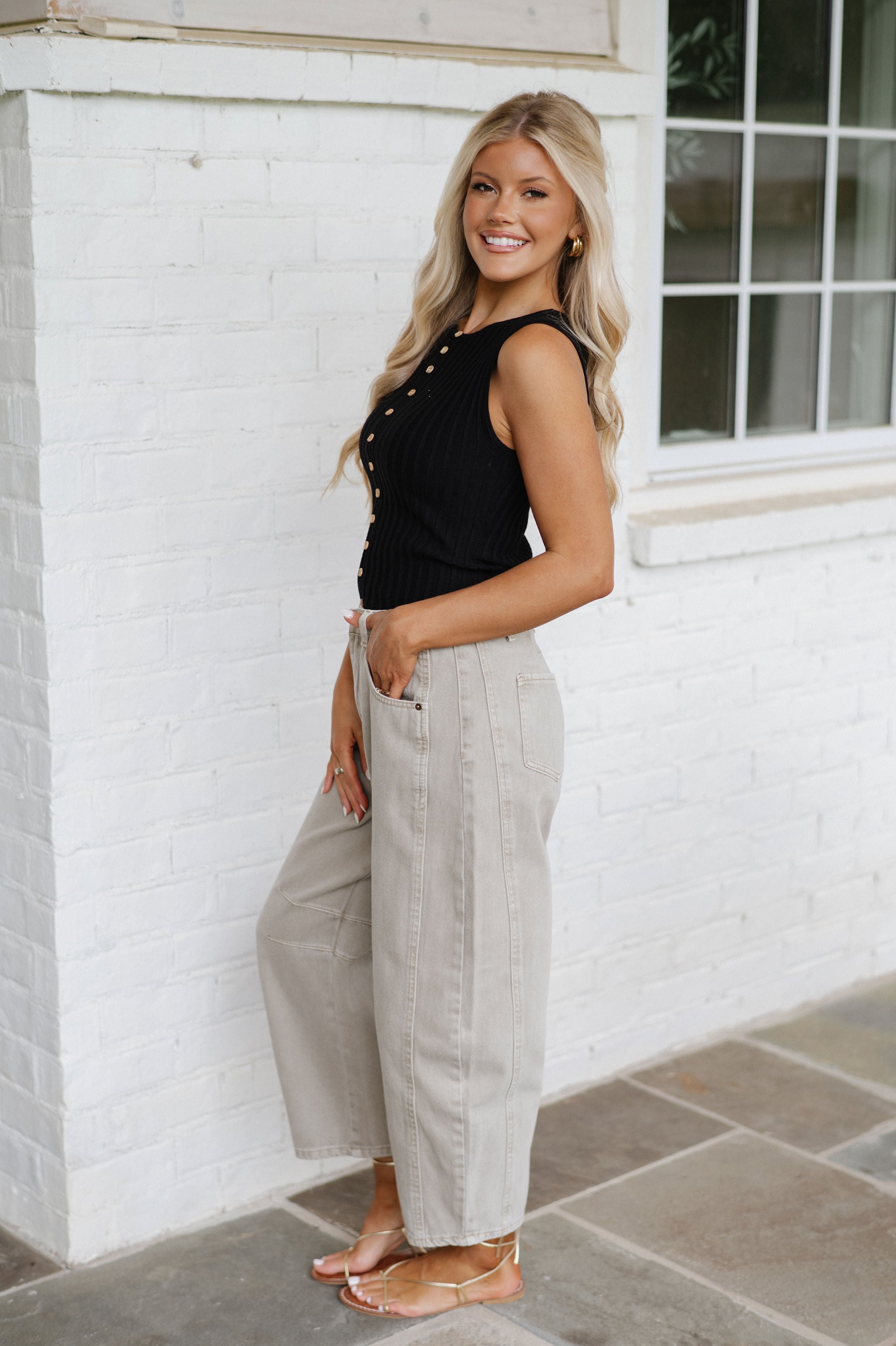 Button Closure Sleeveless Top-Black