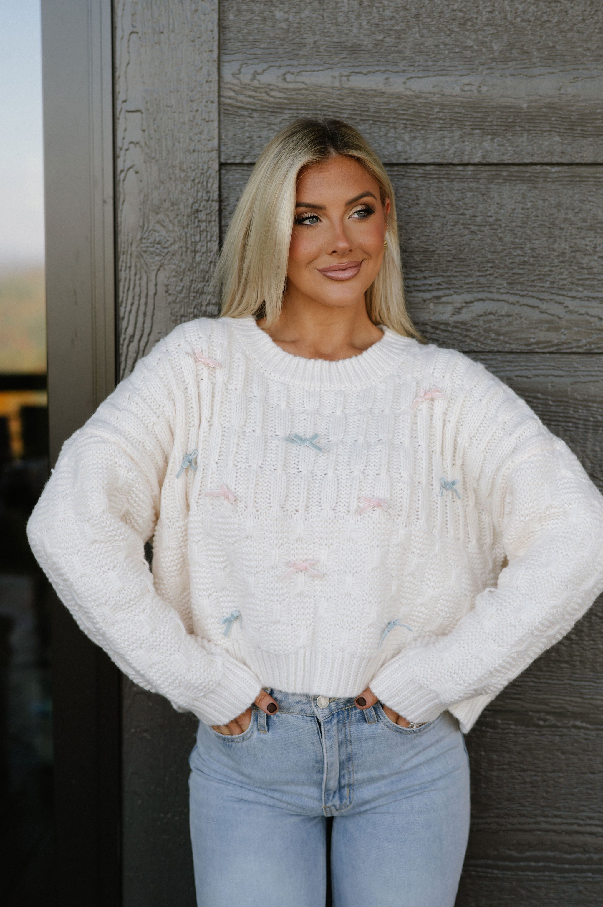 York Velvet Bow Sweater- Cream