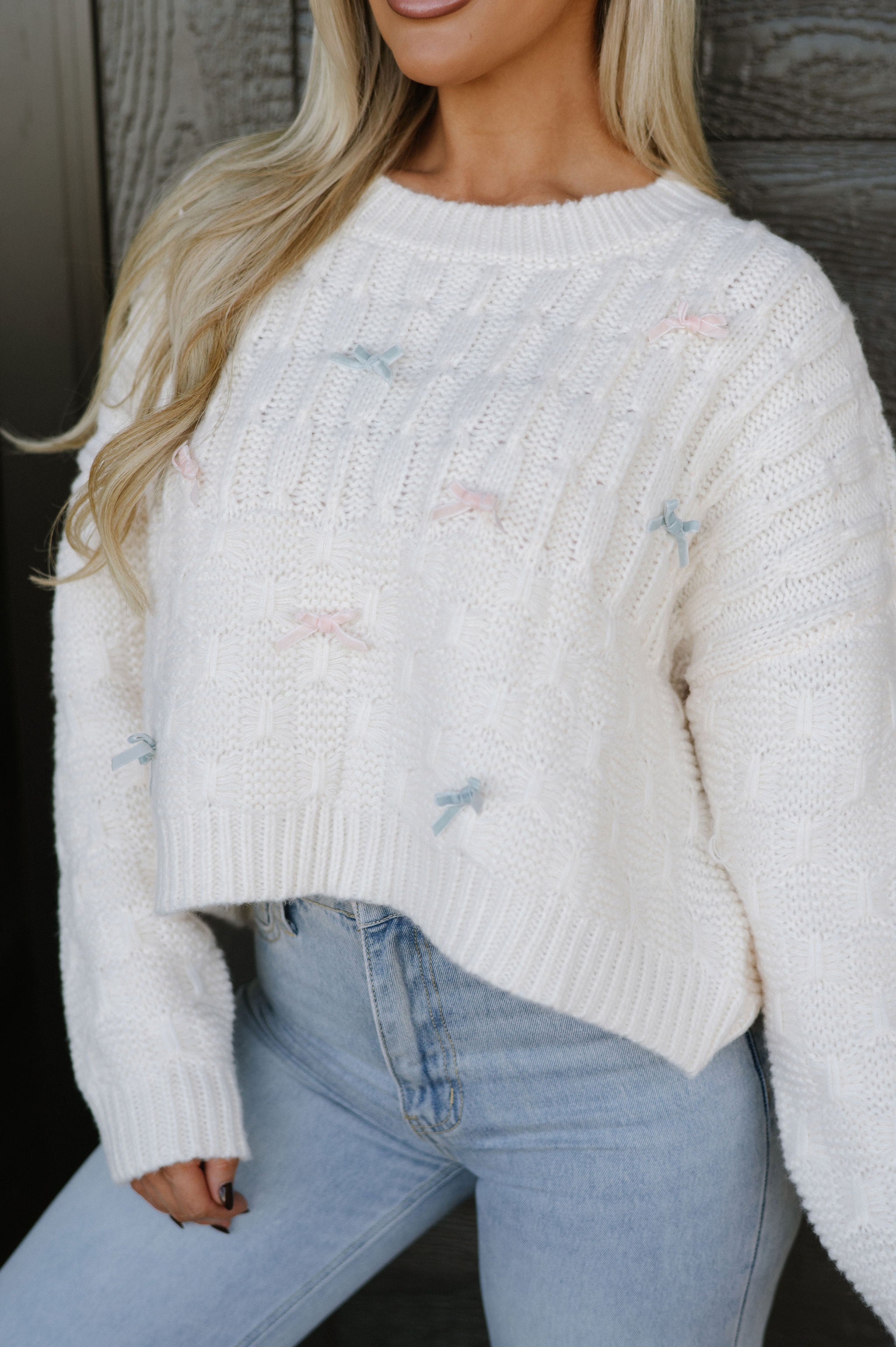 York Velvet Bow Sweater- Cream