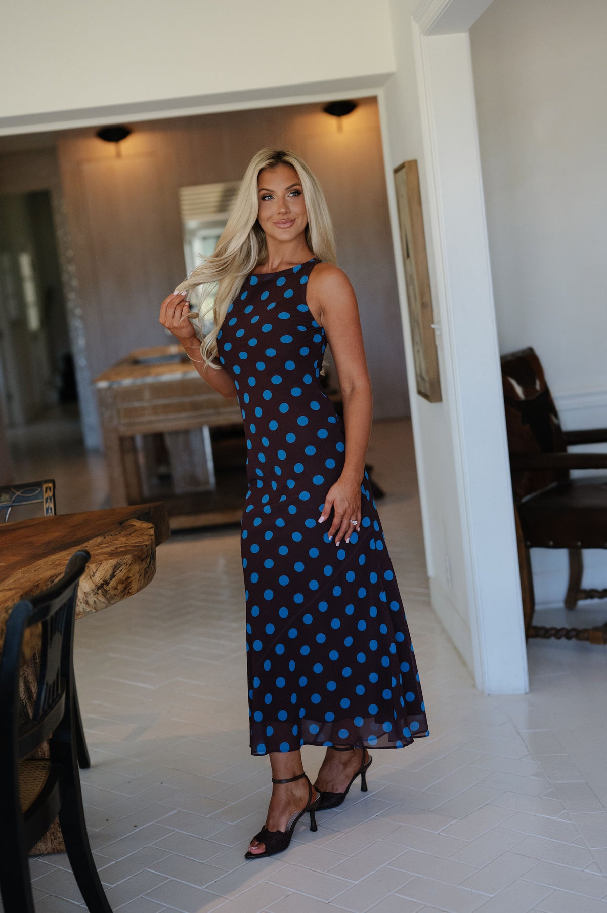 Miley Polka Dot Sleeveless Midi Dress-Brown/Blue