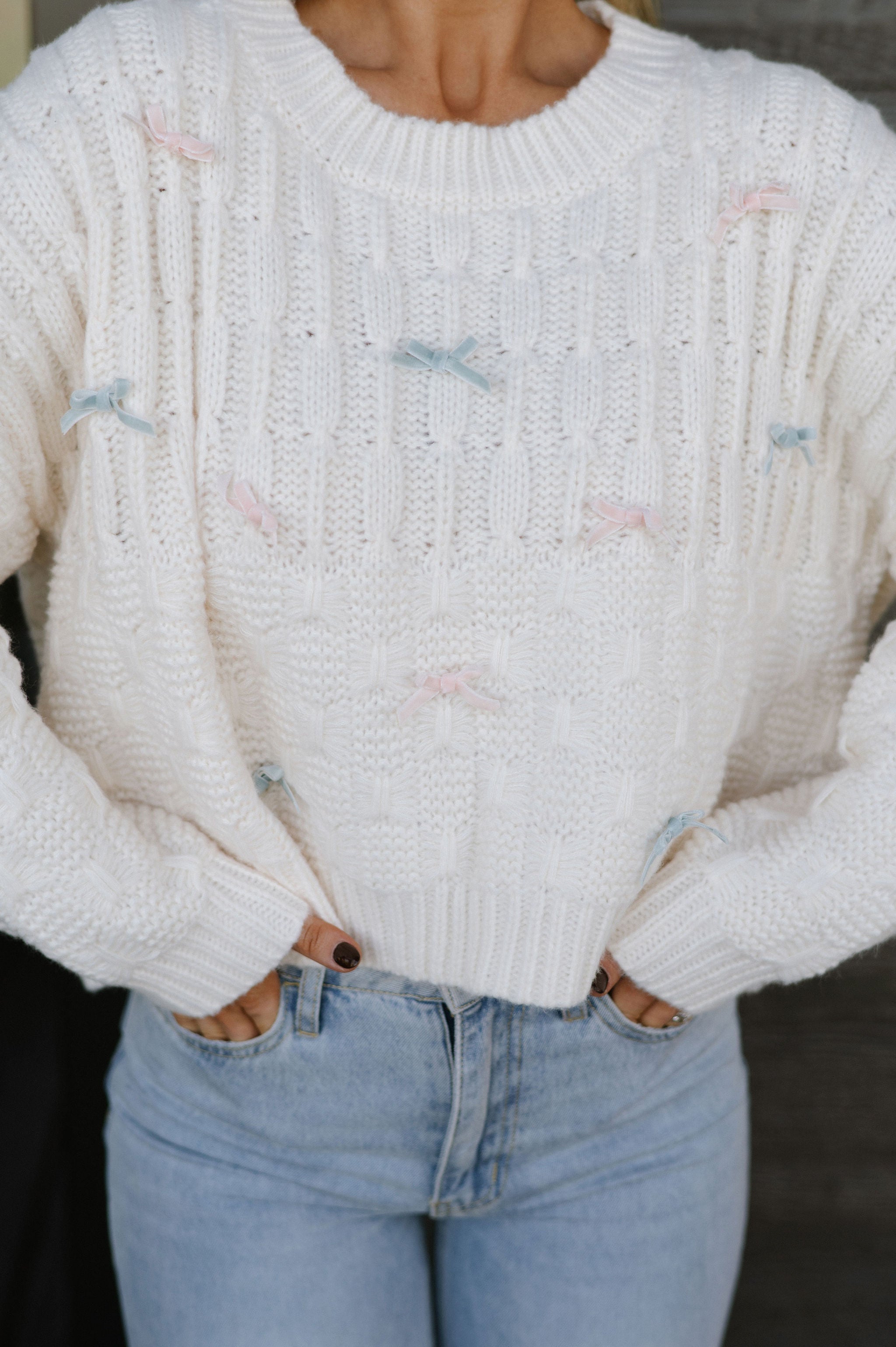 York Velvet Bow Sweater- Cream