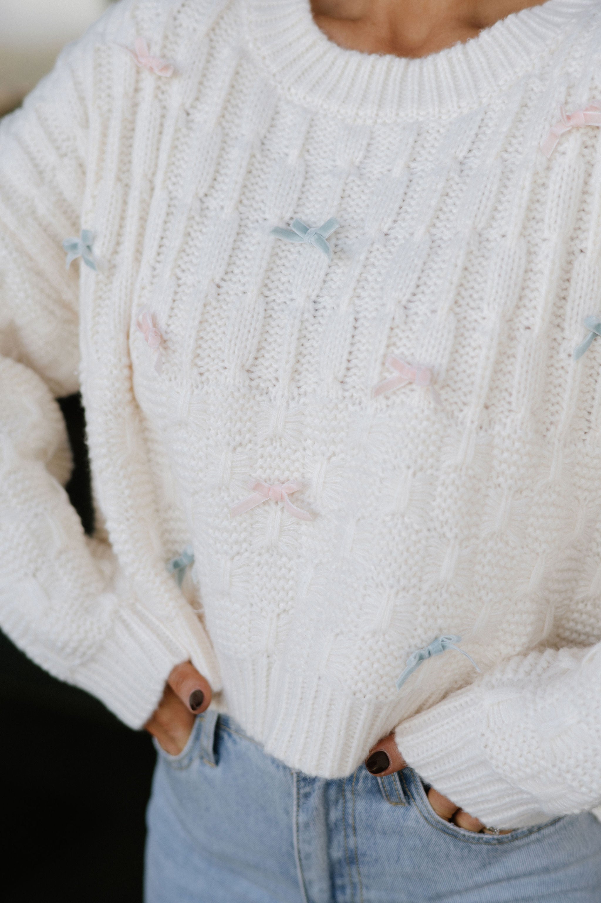 York Velvet Bow Sweater- Cream