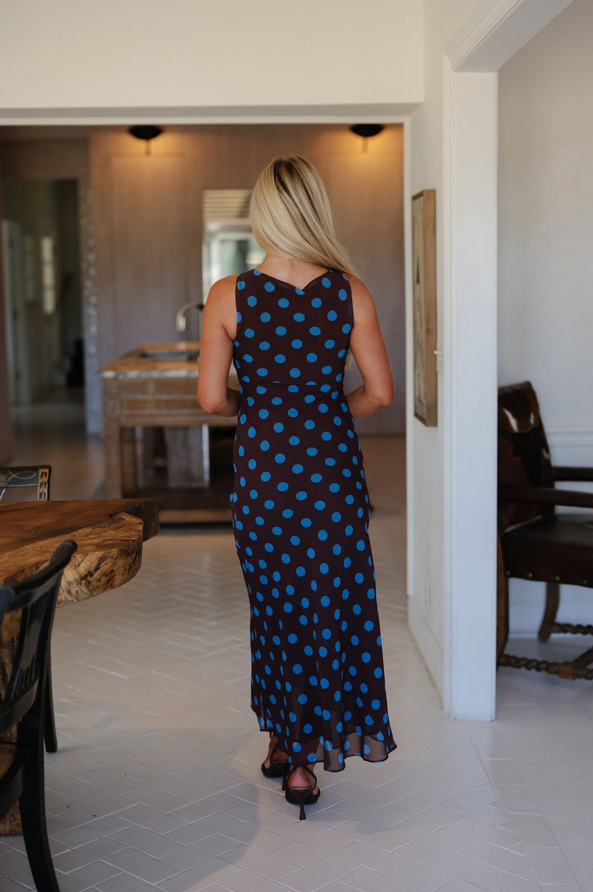 Miley Polka Dot Sleeveless Midi Dress-Brown/Blue
