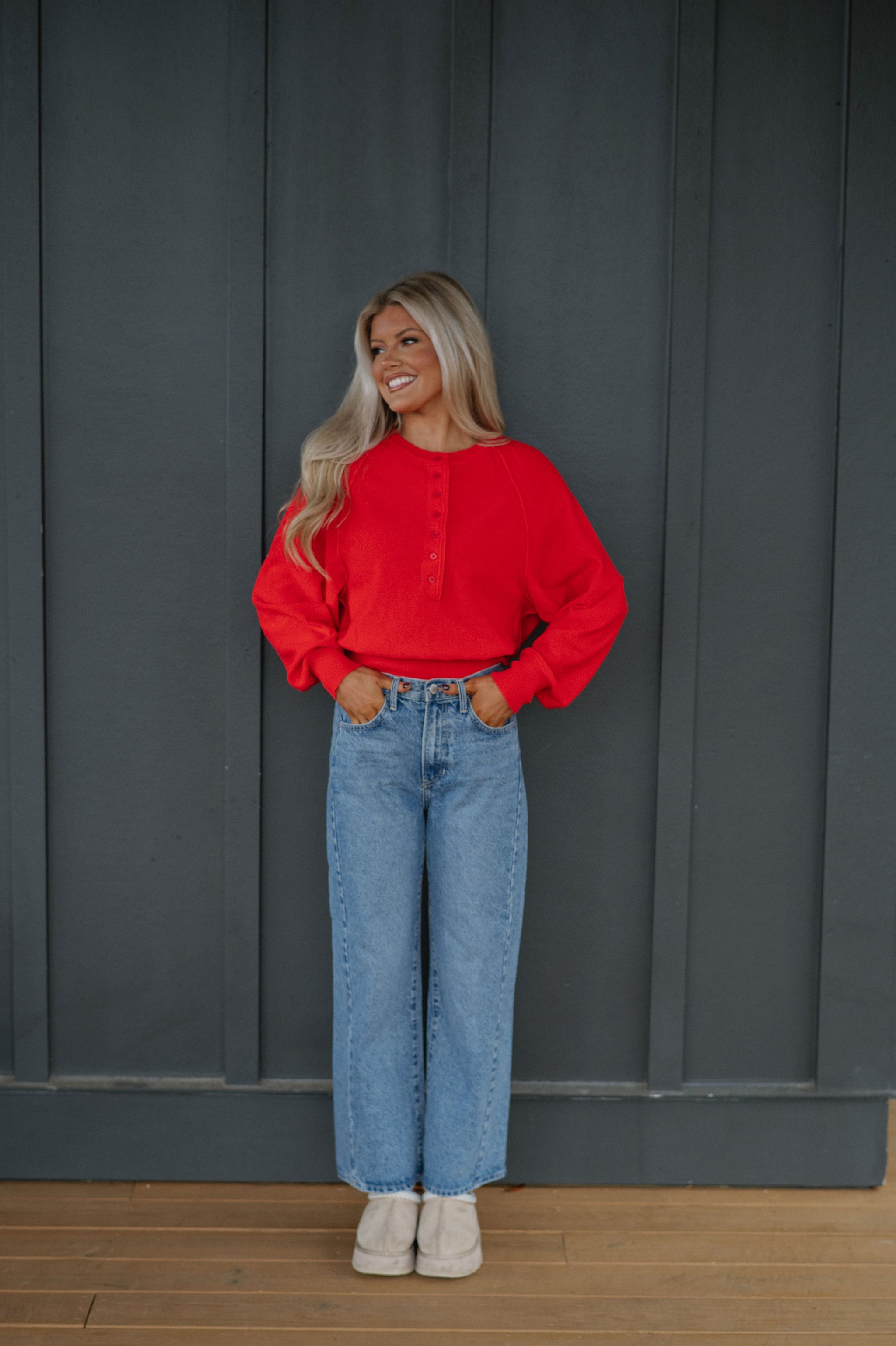 Candace Quarter Button Sweater-Red
