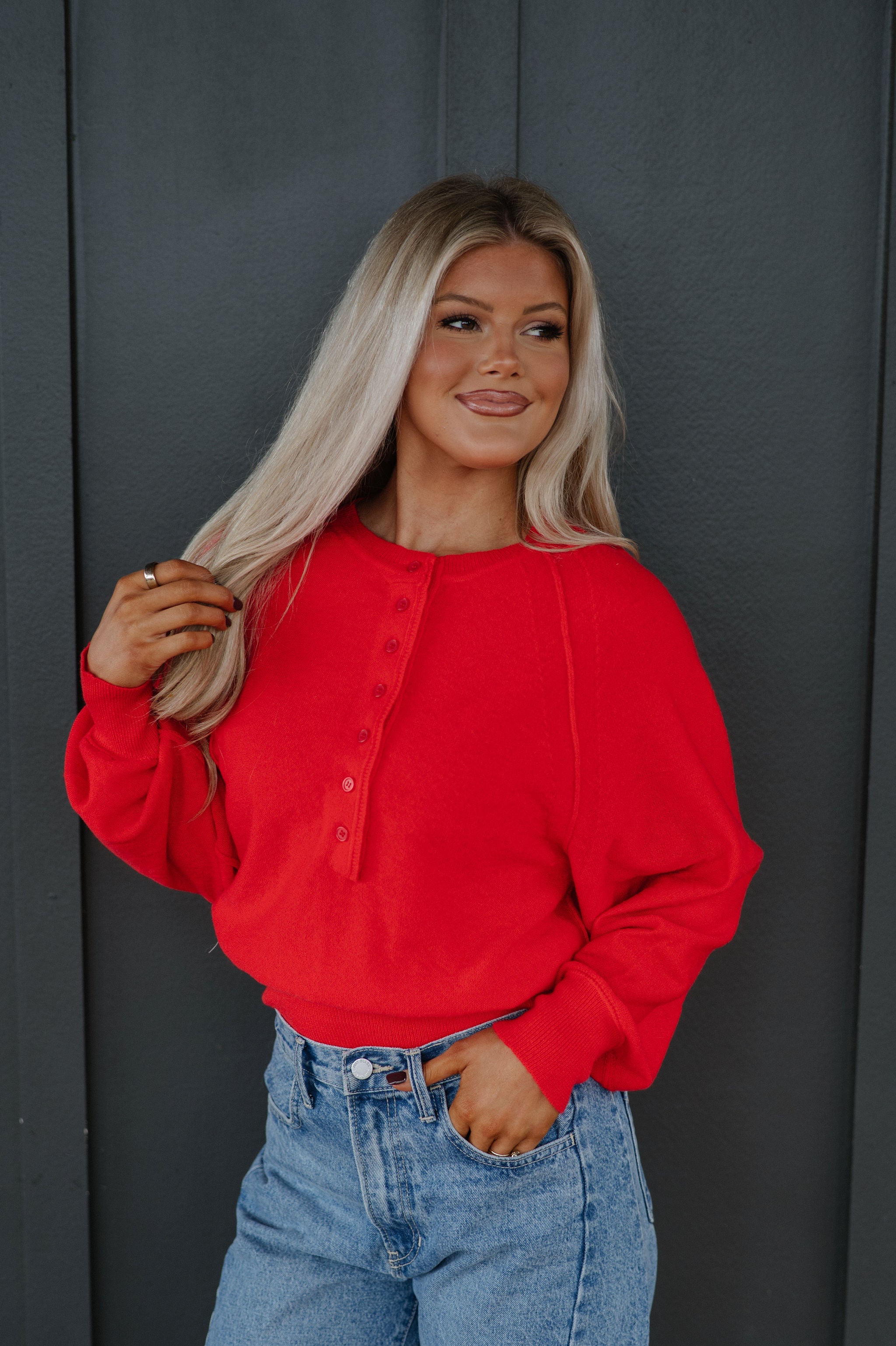 Candace Quarter Button Sweater-Red