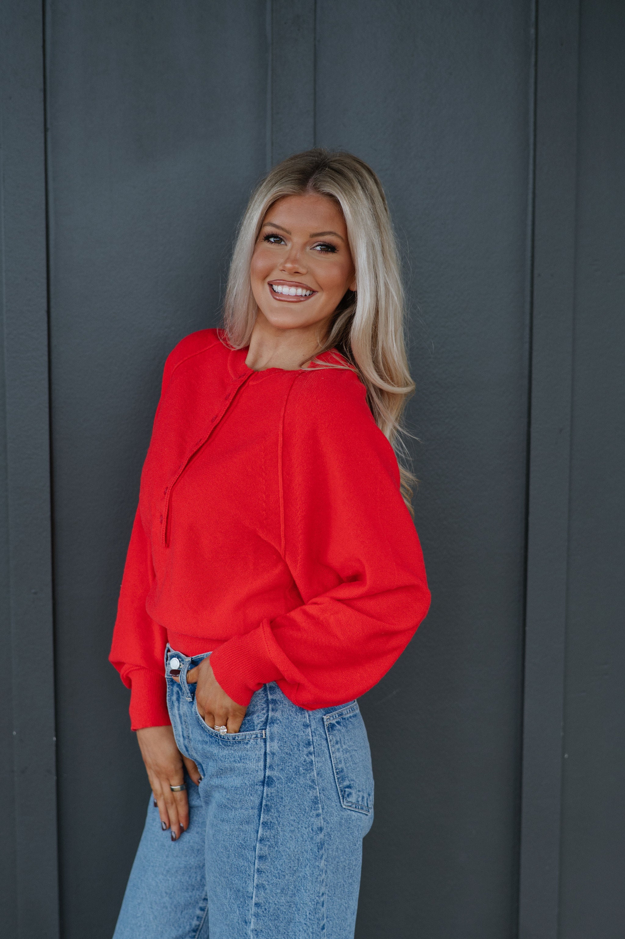 Candace Quarter Button Sweater-Red