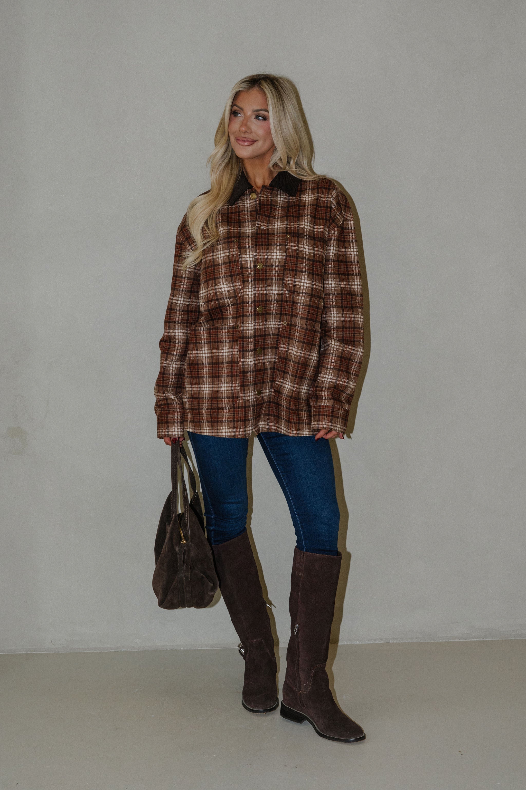 Plaid Collared Jacket- Taupe