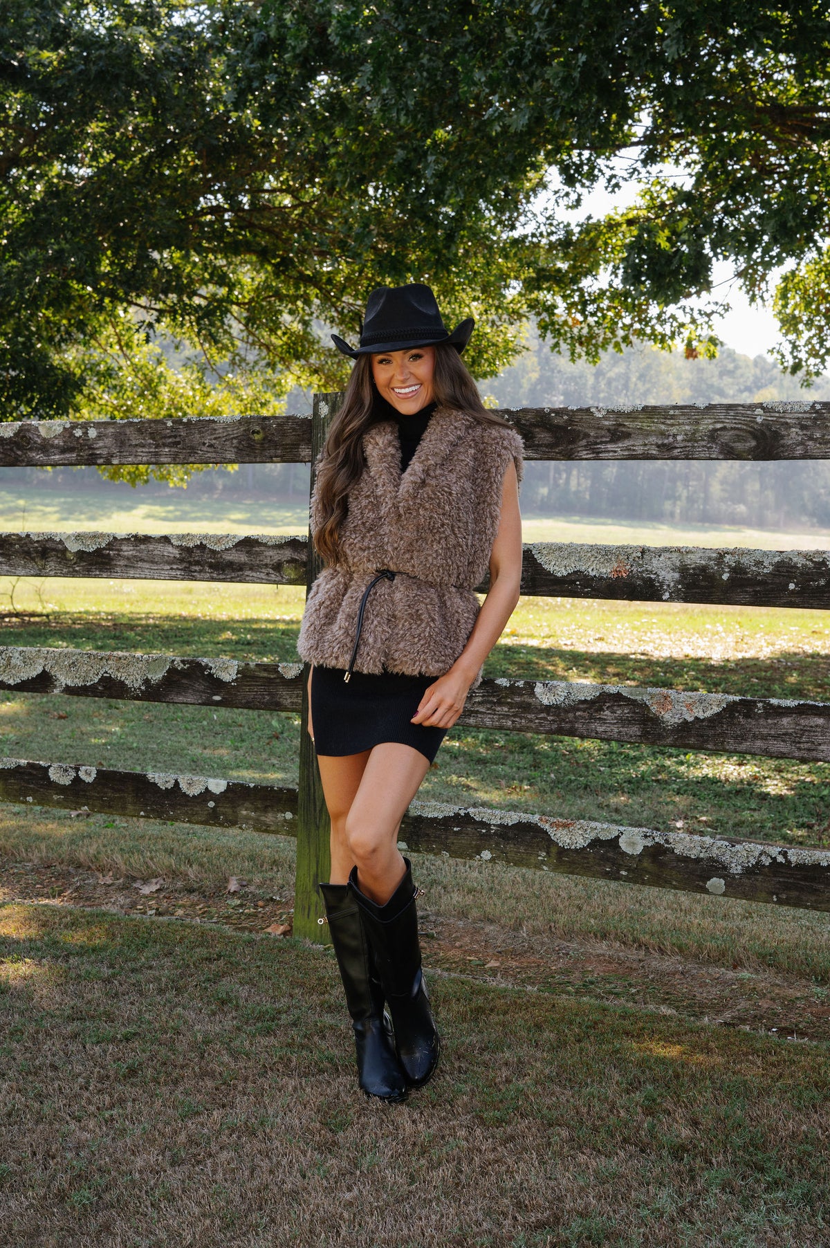 Faux Fur Belted Vest-Mocha