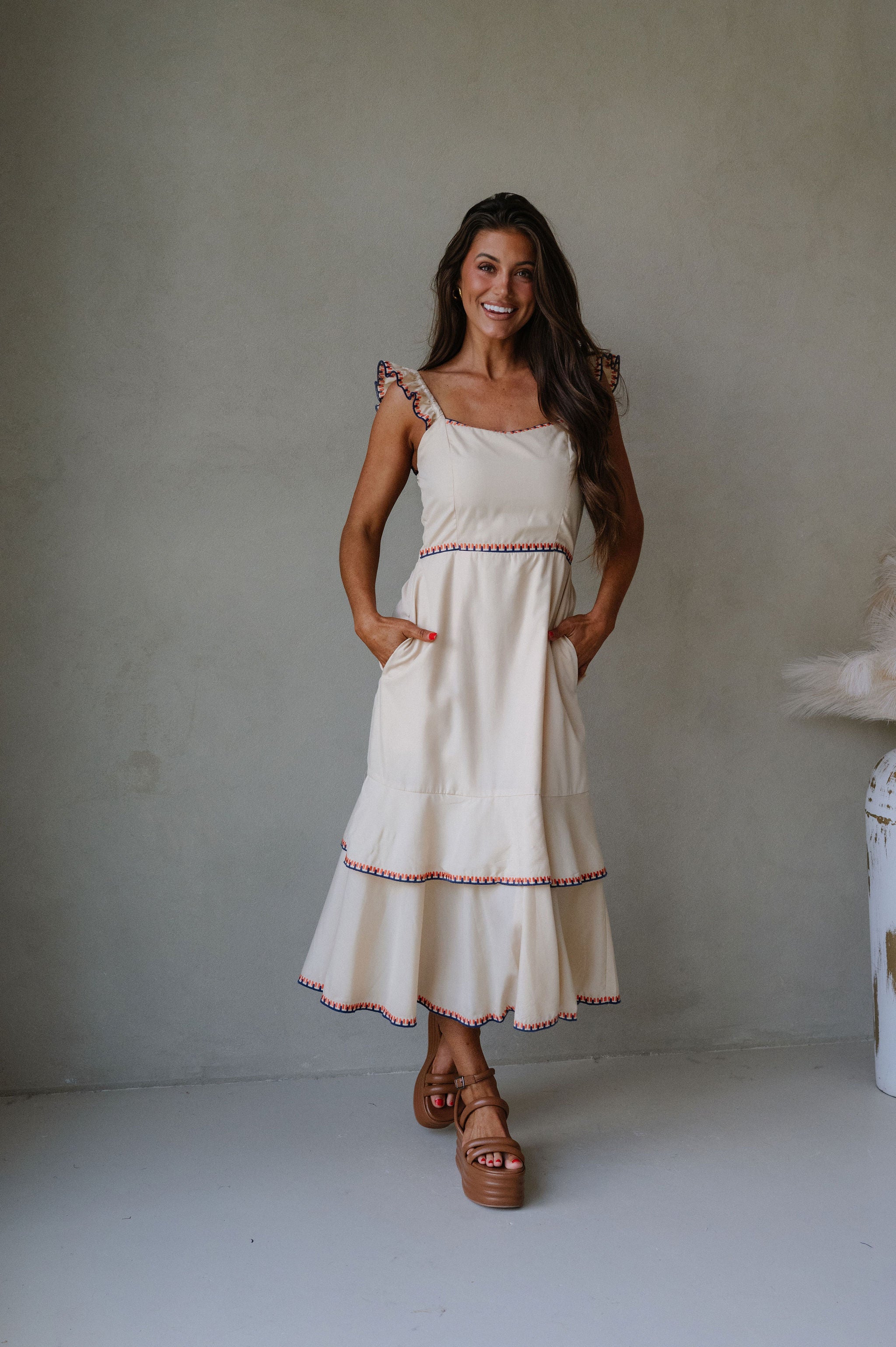 Layered Embroidered Midi Dress- Almond