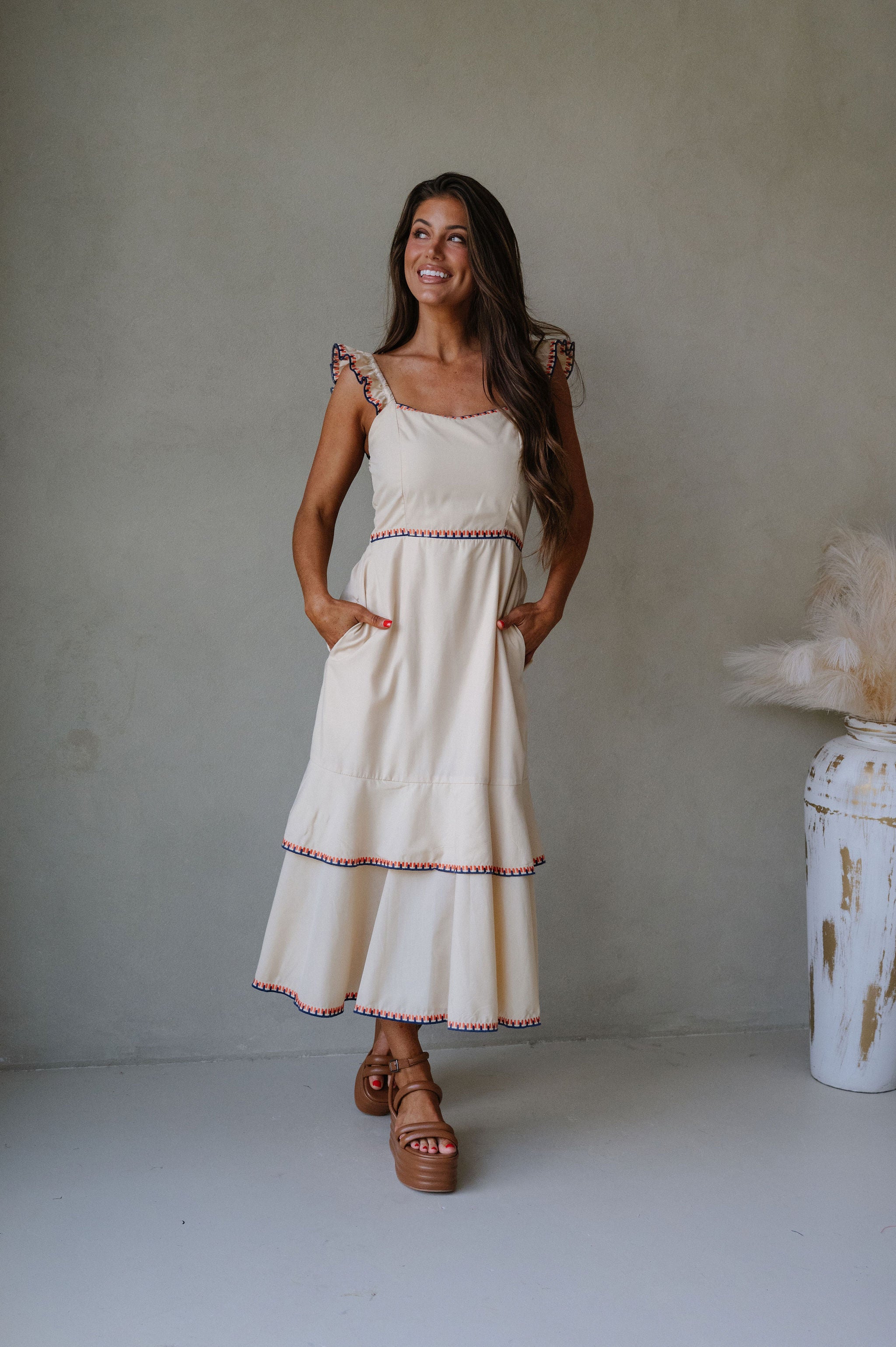 Layered Embroidered Midi Dress- Almond