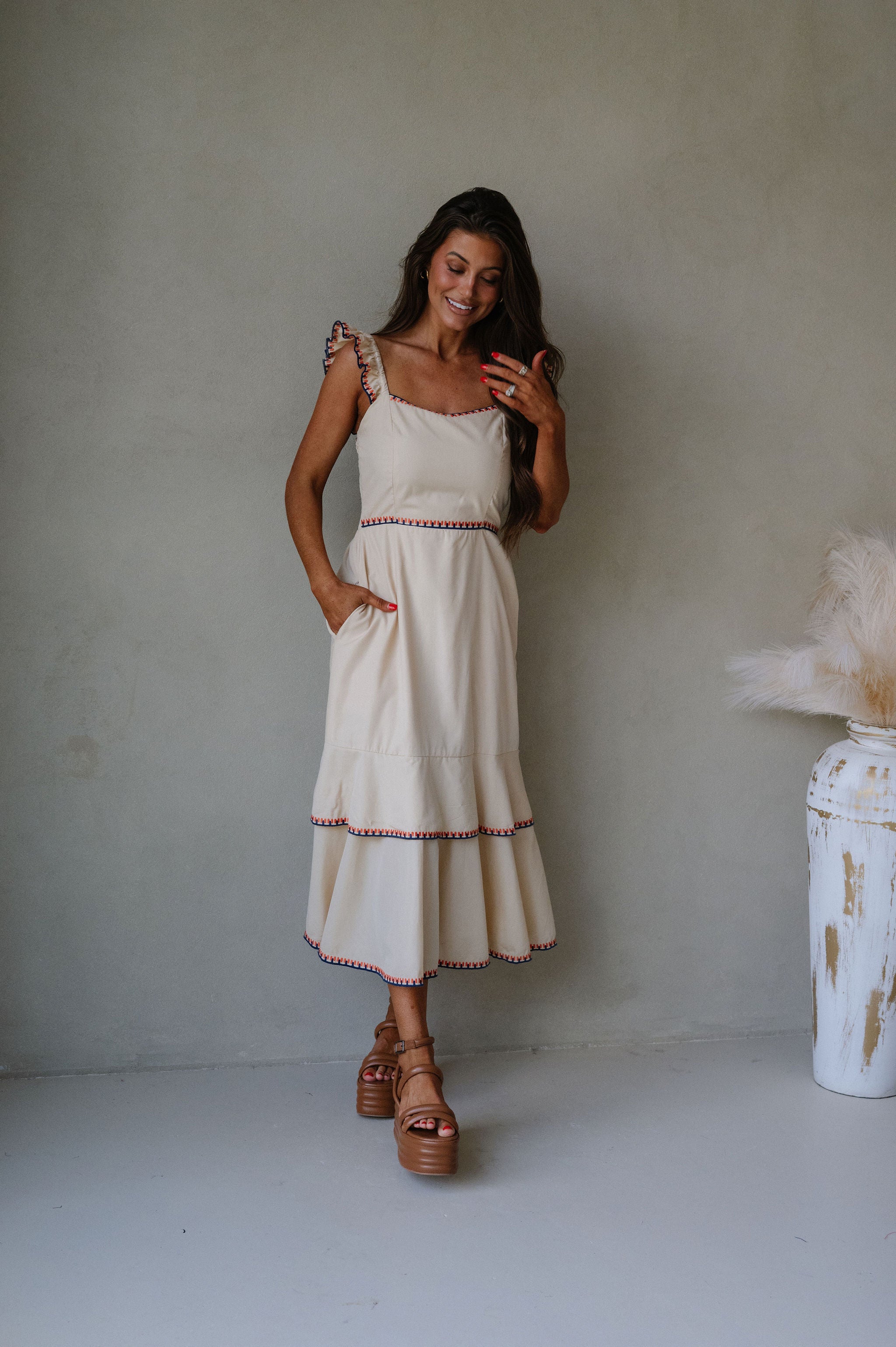 Layered Embroidered Midi Dress- Almond
