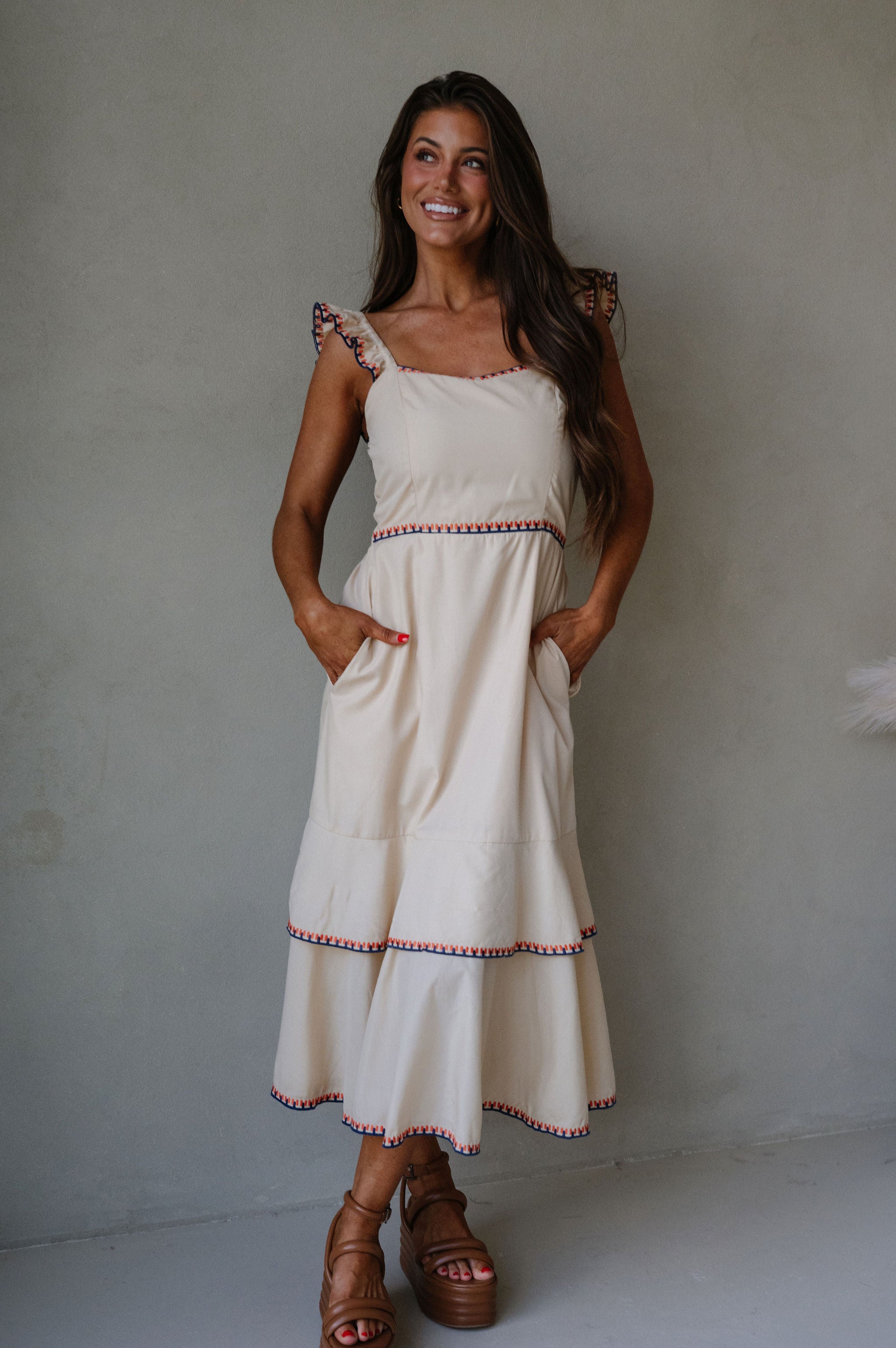 Layered Embroidered Midi Dress- Almond