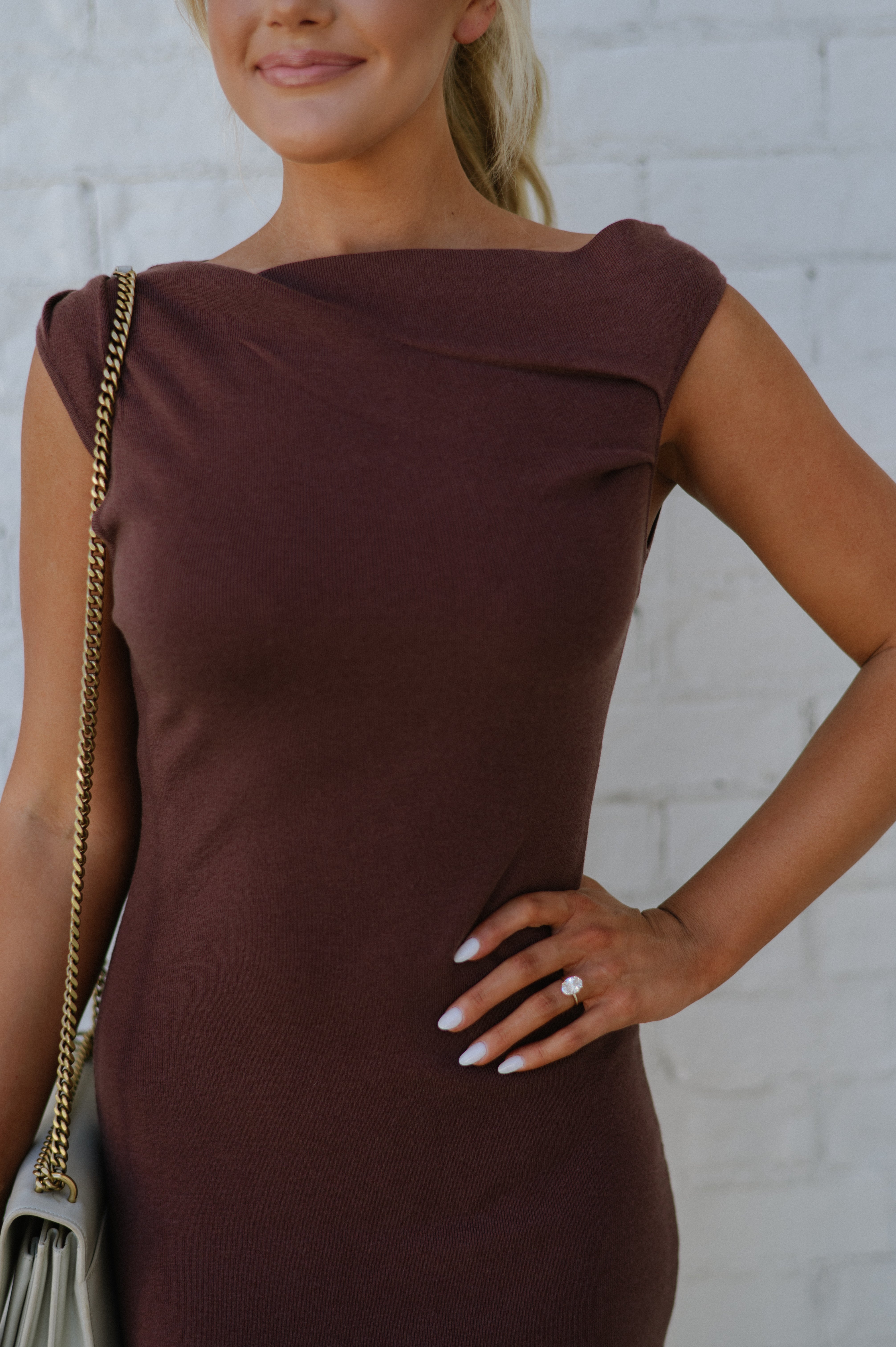 Rae Asymmetrical Midi Dress-Brown