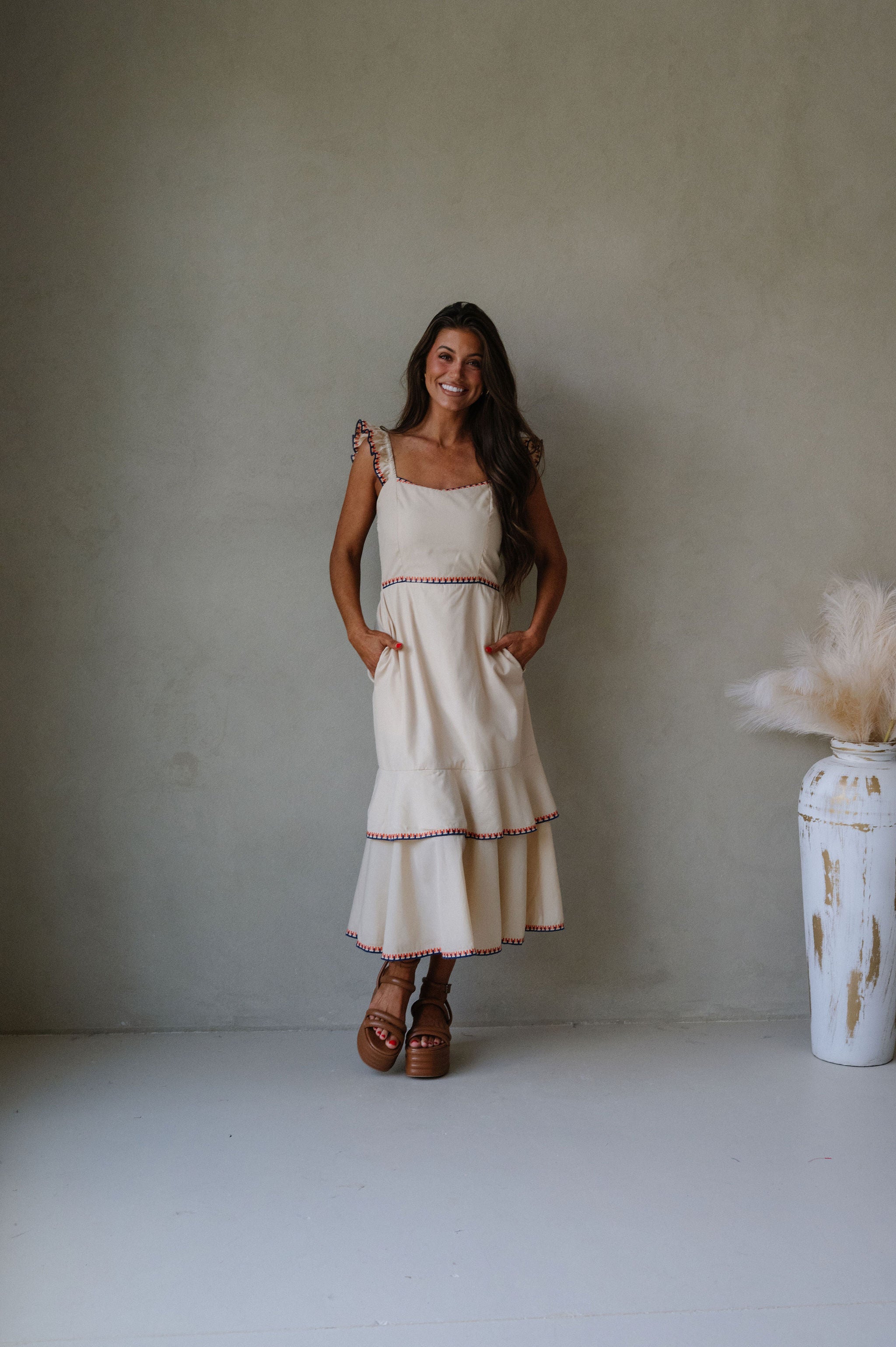 Layered Embroidered Midi Dress- Almond