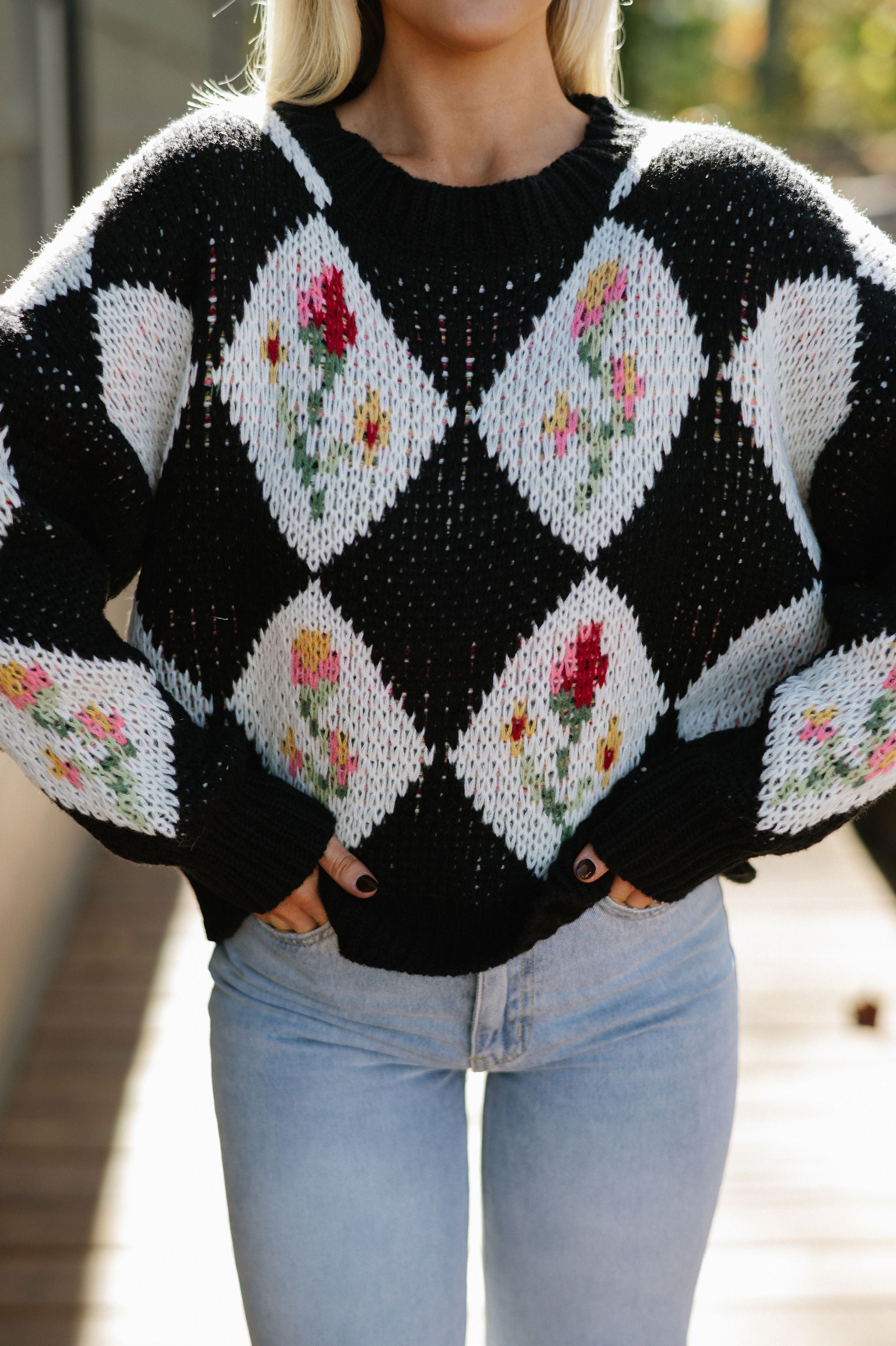 Vintage Flower & Diamond Sweater-Black