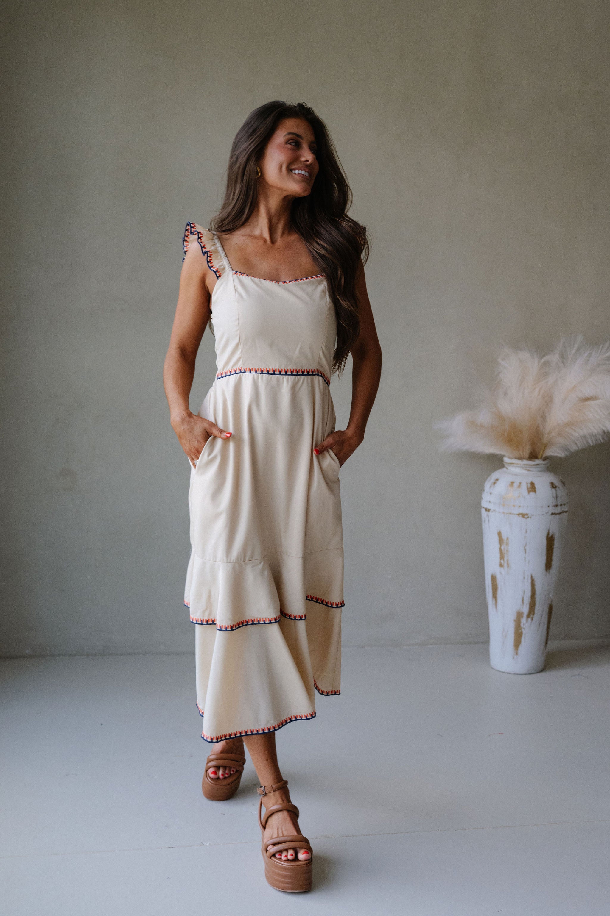 Layered Embroidered Midi Dress- Almond