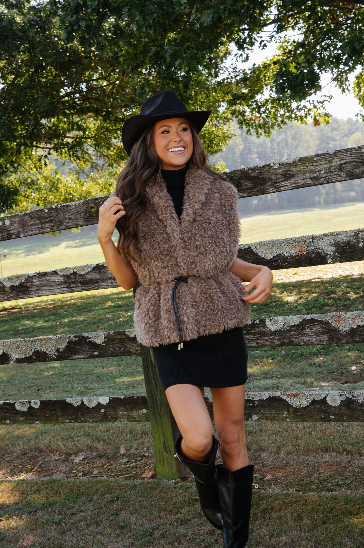 Faux Fur Belted Vest-Mocha
