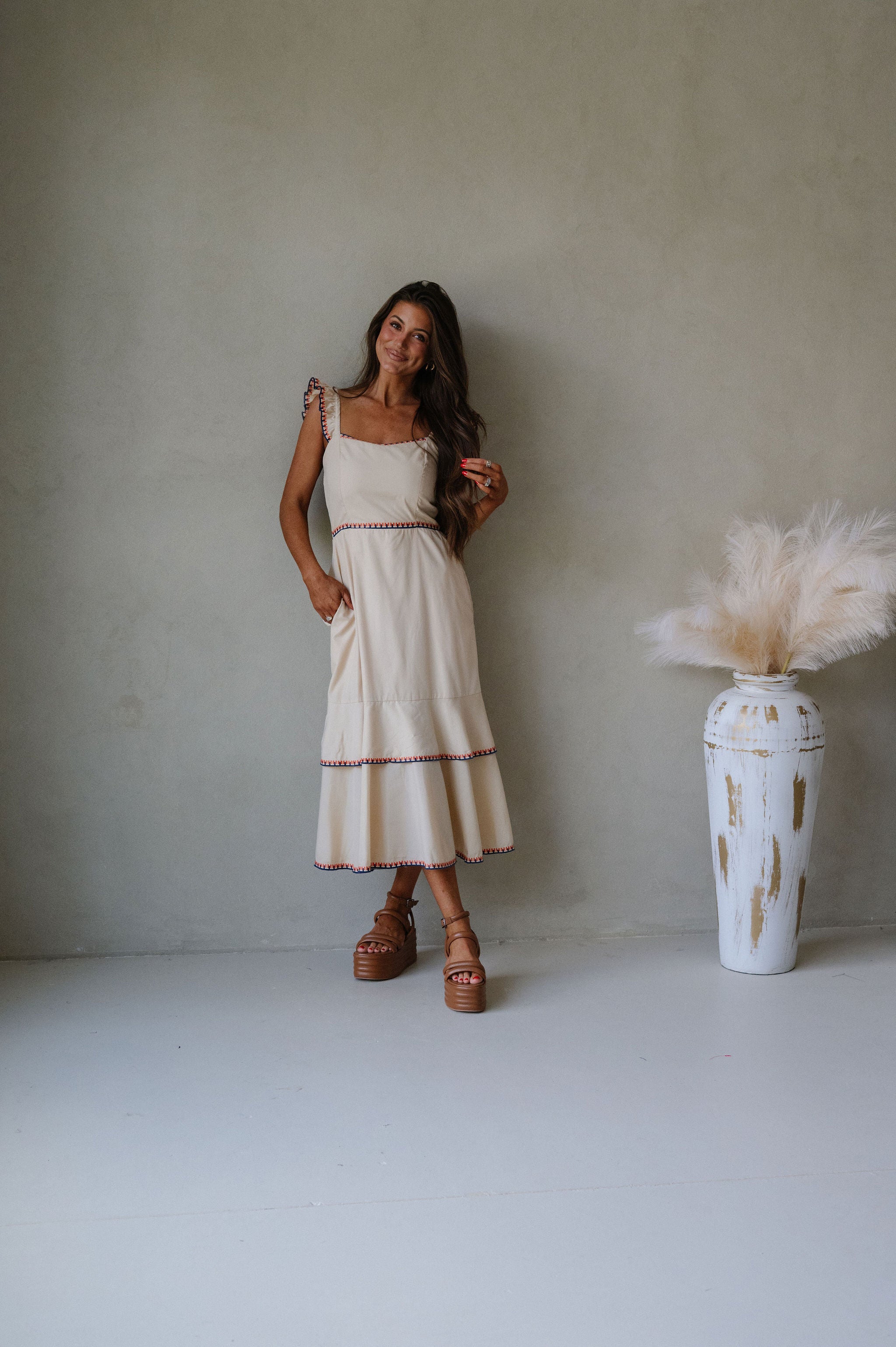 Layered Embroidered Midi Dress- Almond