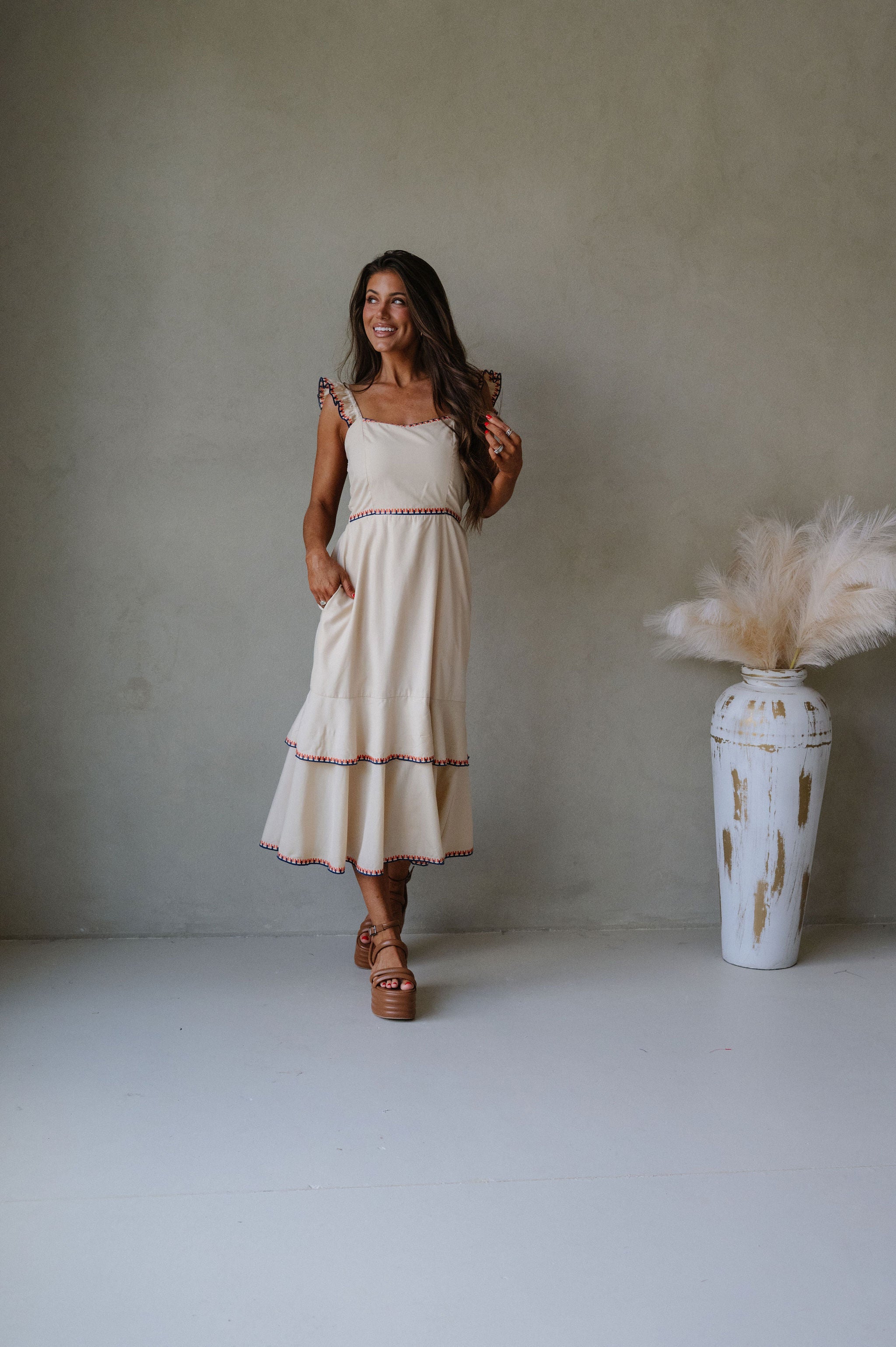 Layered Embroidered Midi Dress- Almond