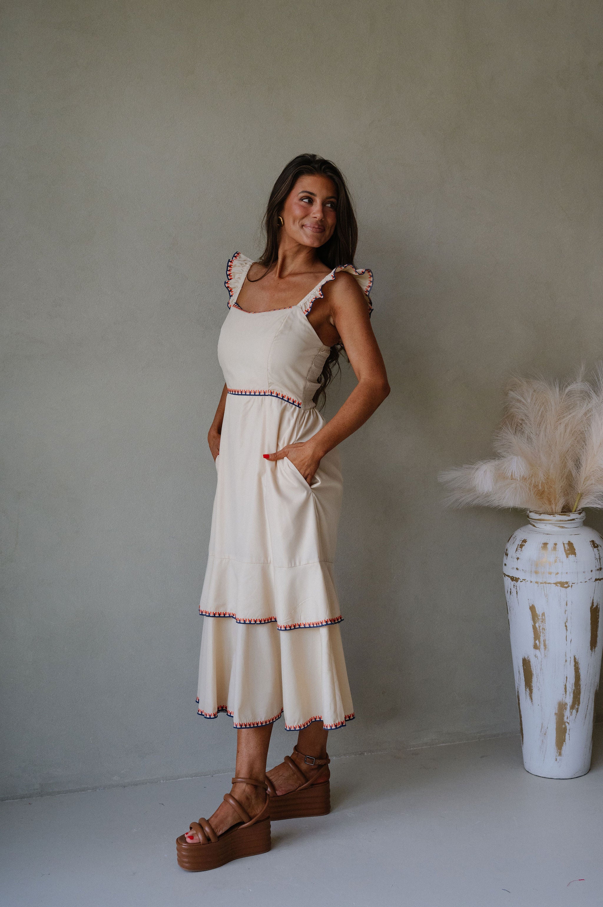Layered Embroidered Midi Dress- Almond