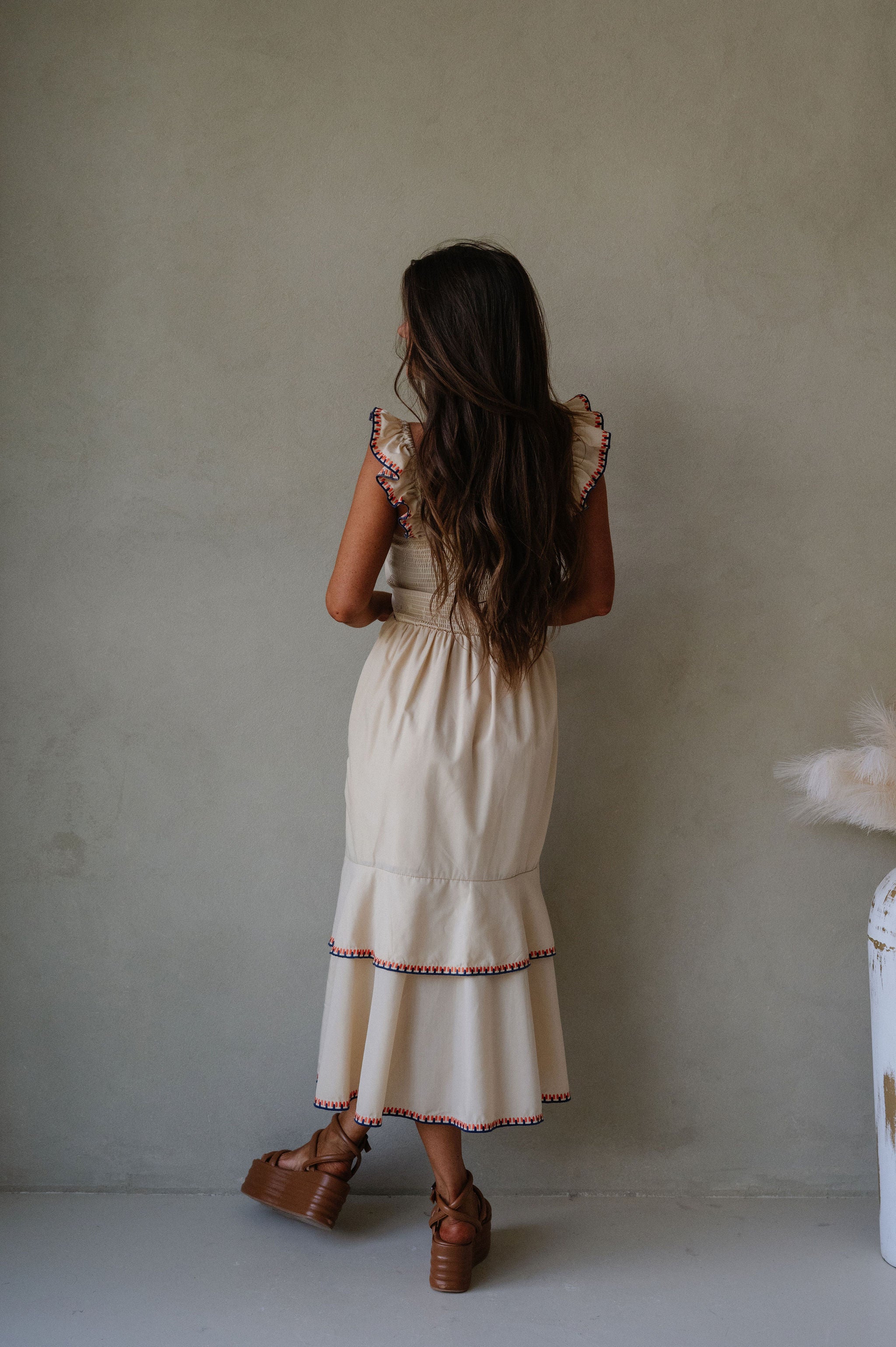 Layered Embroidered Midi Dress- Almond
