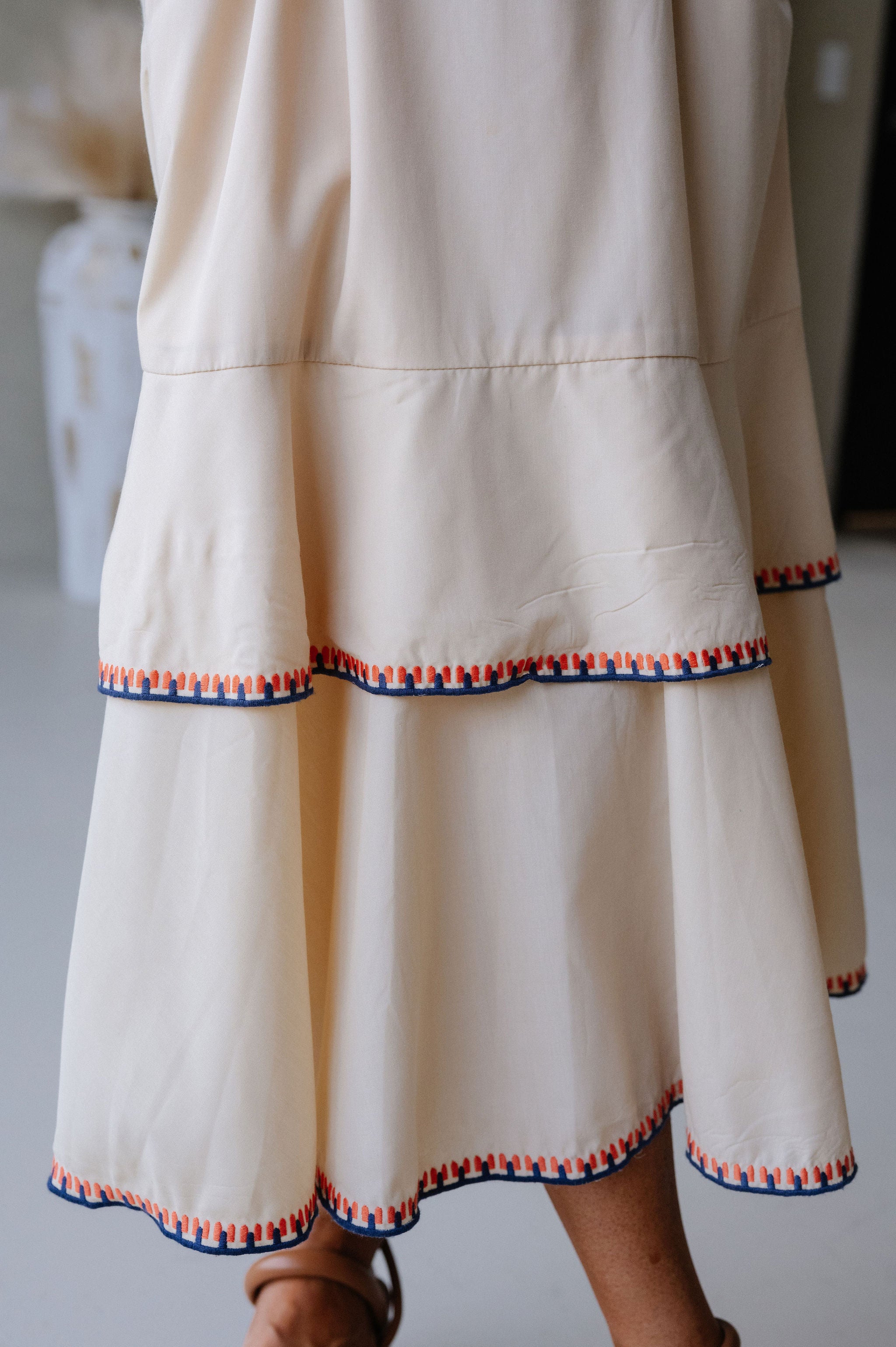 Layered Embroidered Midi Dress- Almond