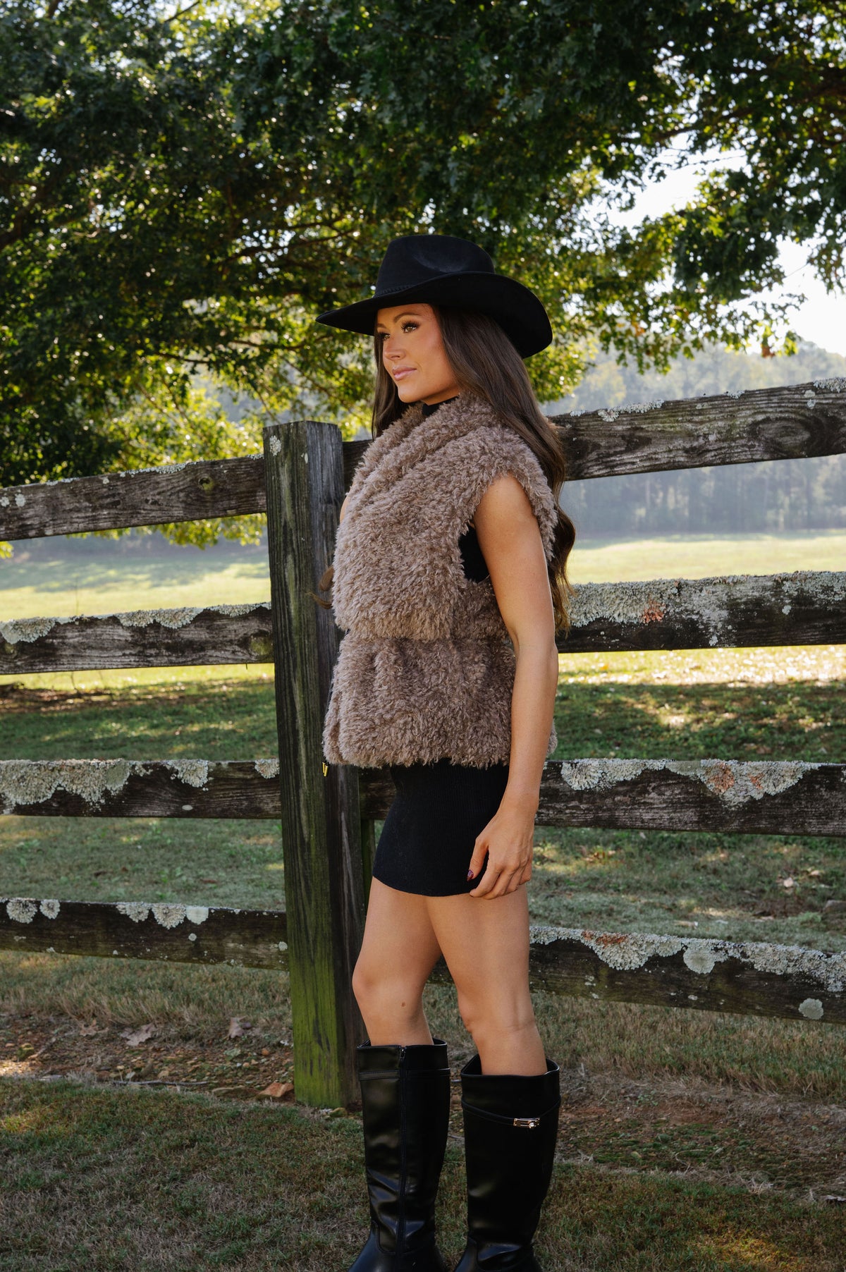 Faux Fur Belted Vest-Mocha