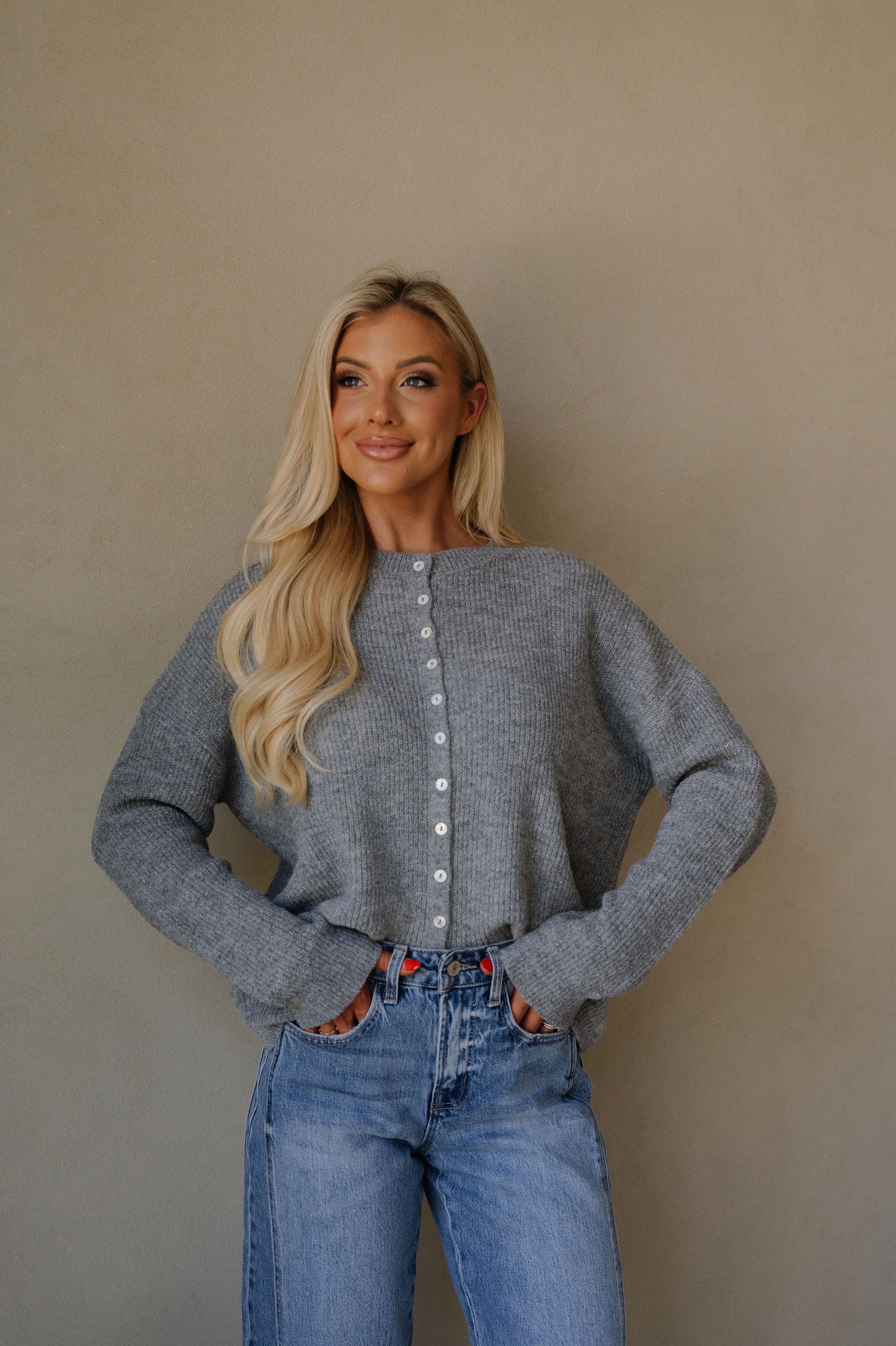 Button Down Ribbed Cardigan-Heather Grey