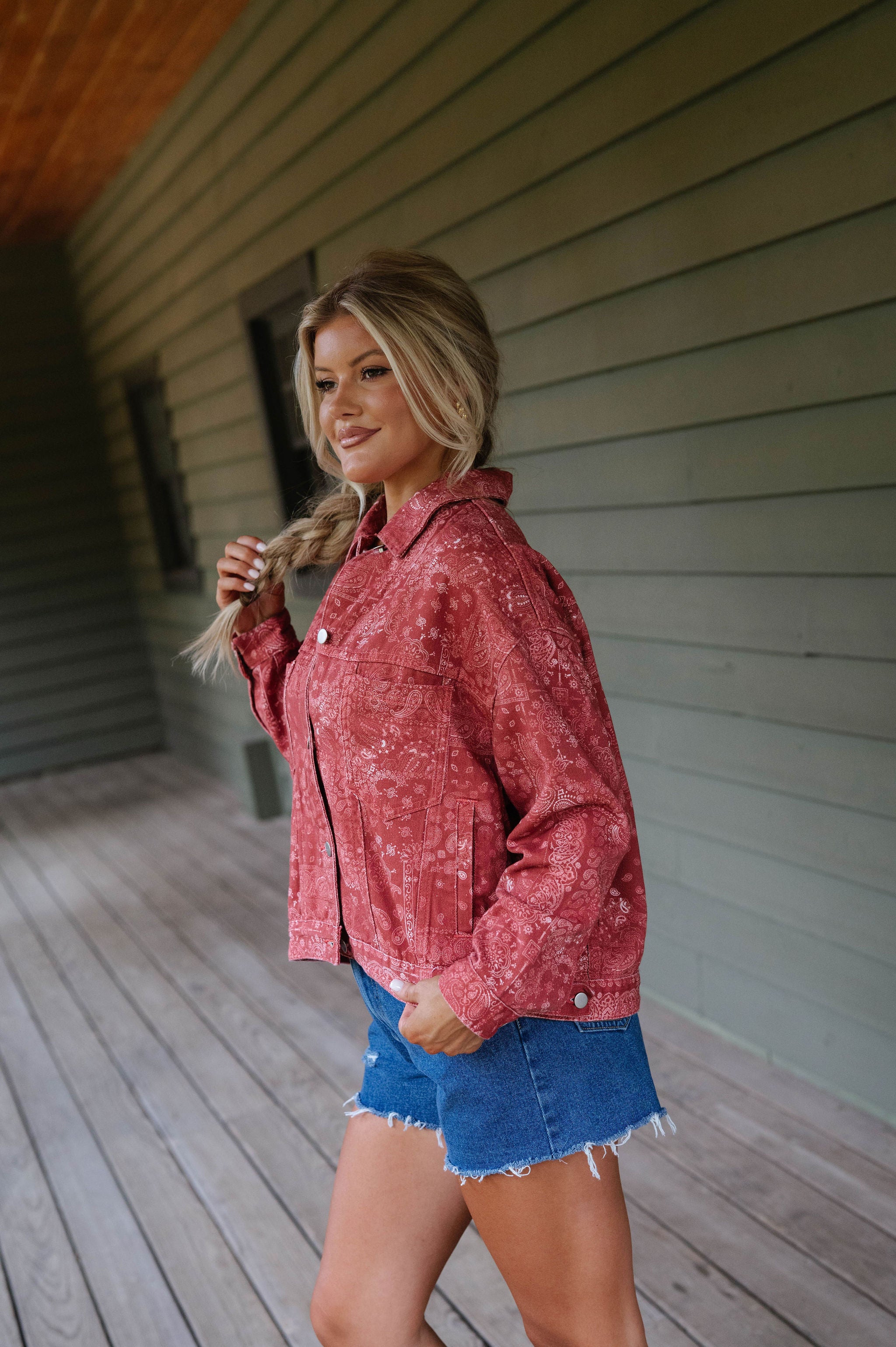 Washed Bandana Print Jacket-Burnt Red