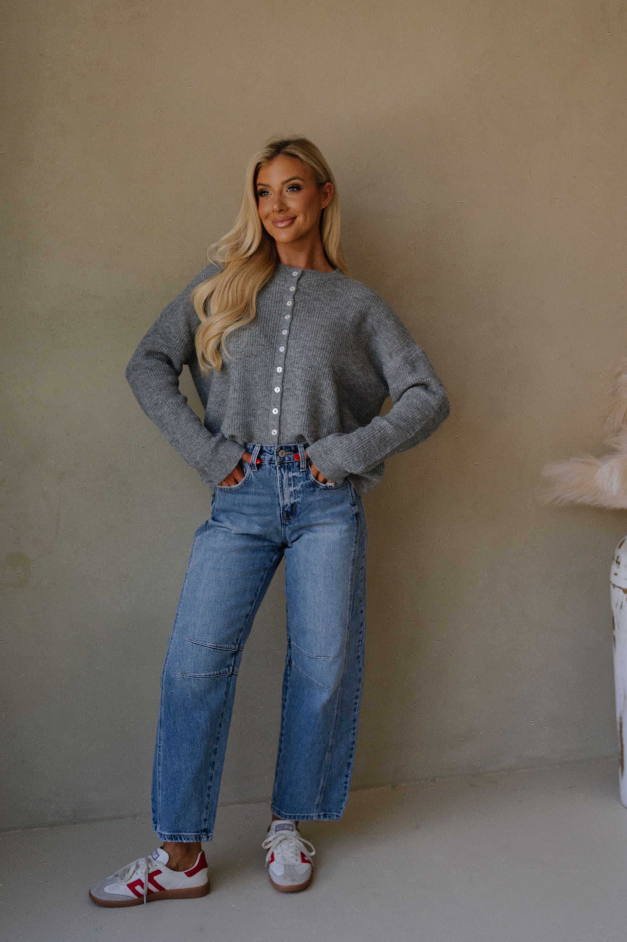 Button Down Ribbed Cardigan-Heather Grey