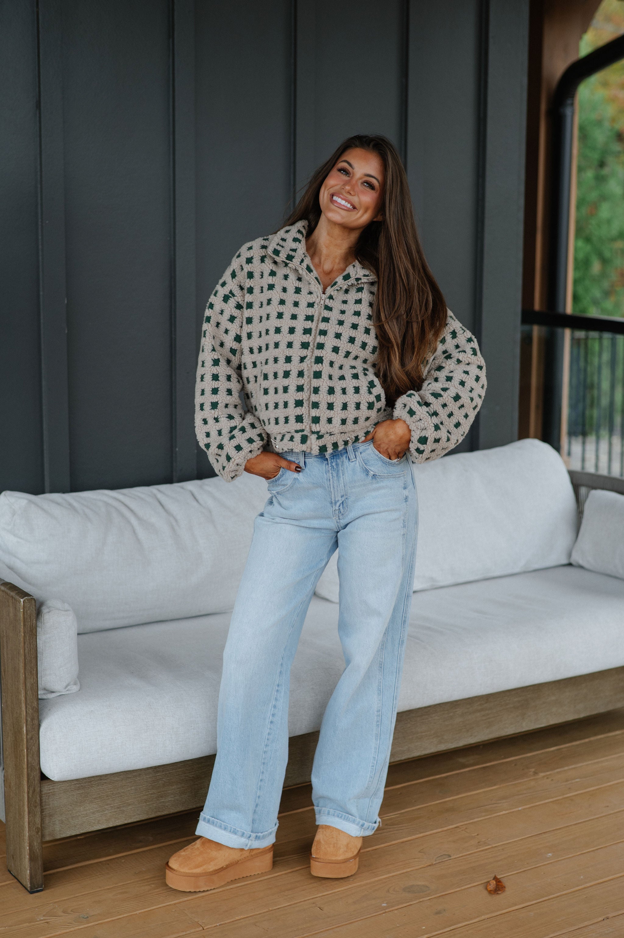 Checkered Sherpa Jacket-Taupe/Hunter Green