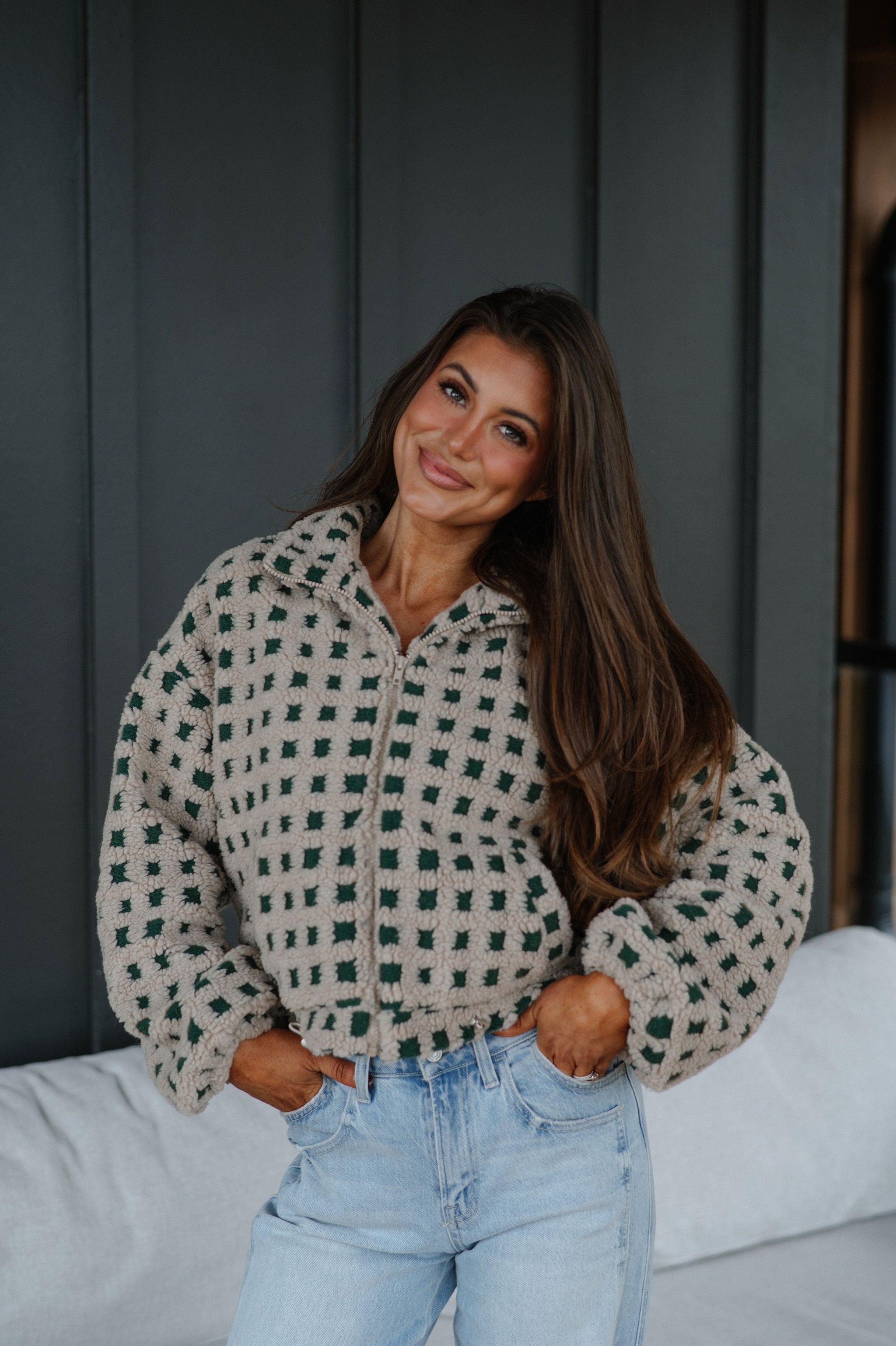 Checkered Sherpa Jacket-Taupe/Hunter Green