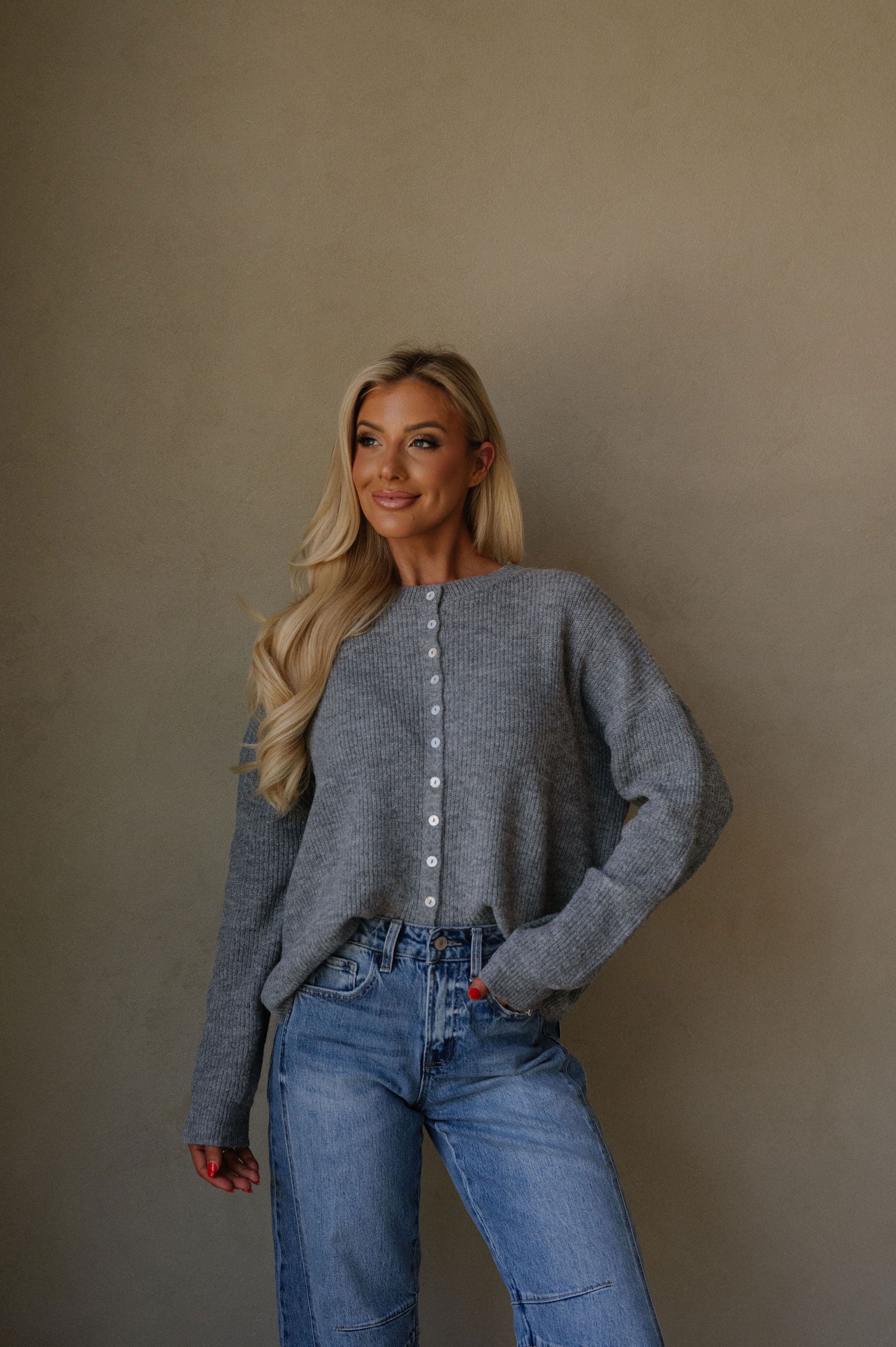 Button Down Ribbed Cardigan-Heather Grey