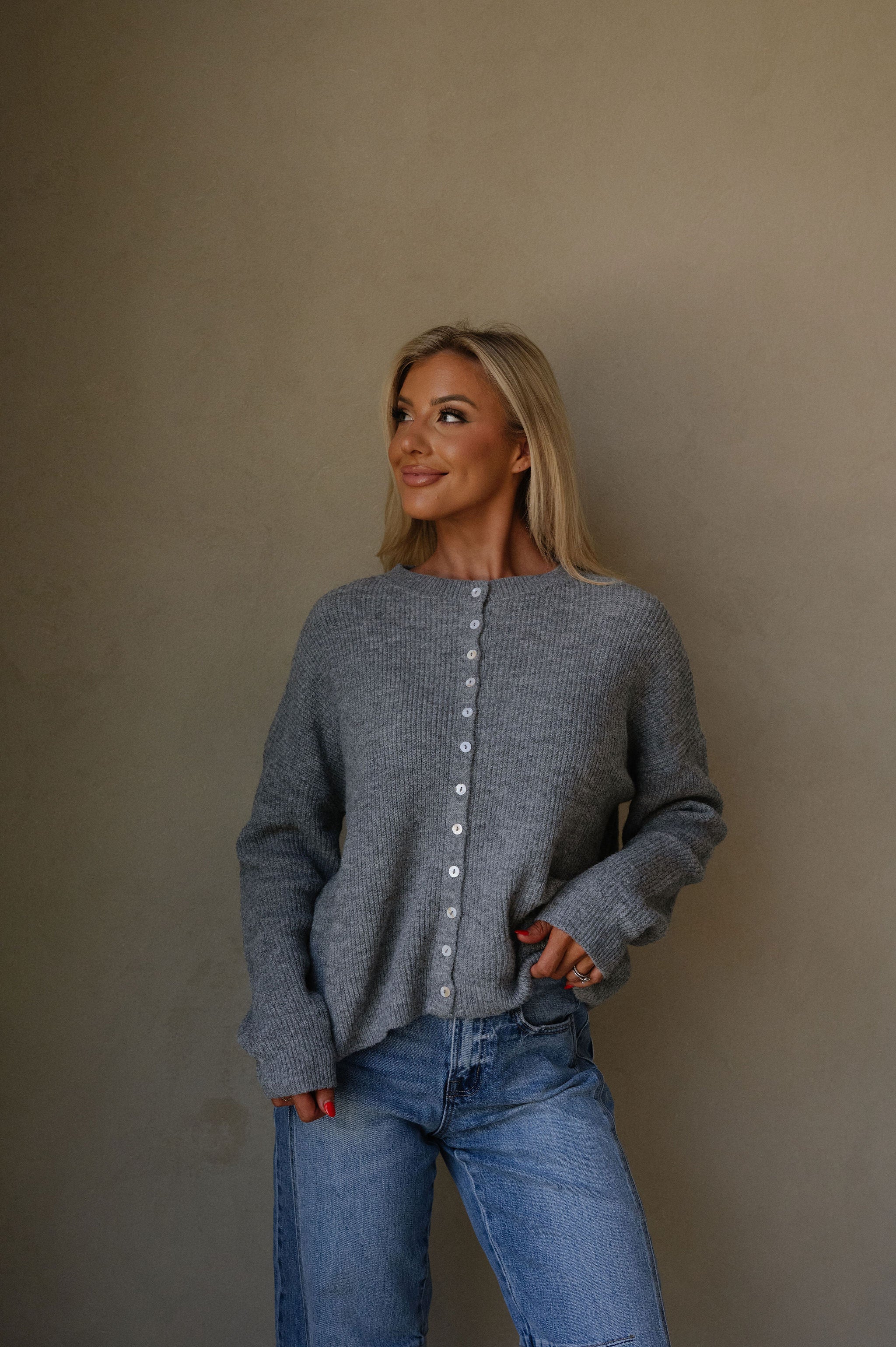 Button Down Ribbed Cardigan-Heather Grey