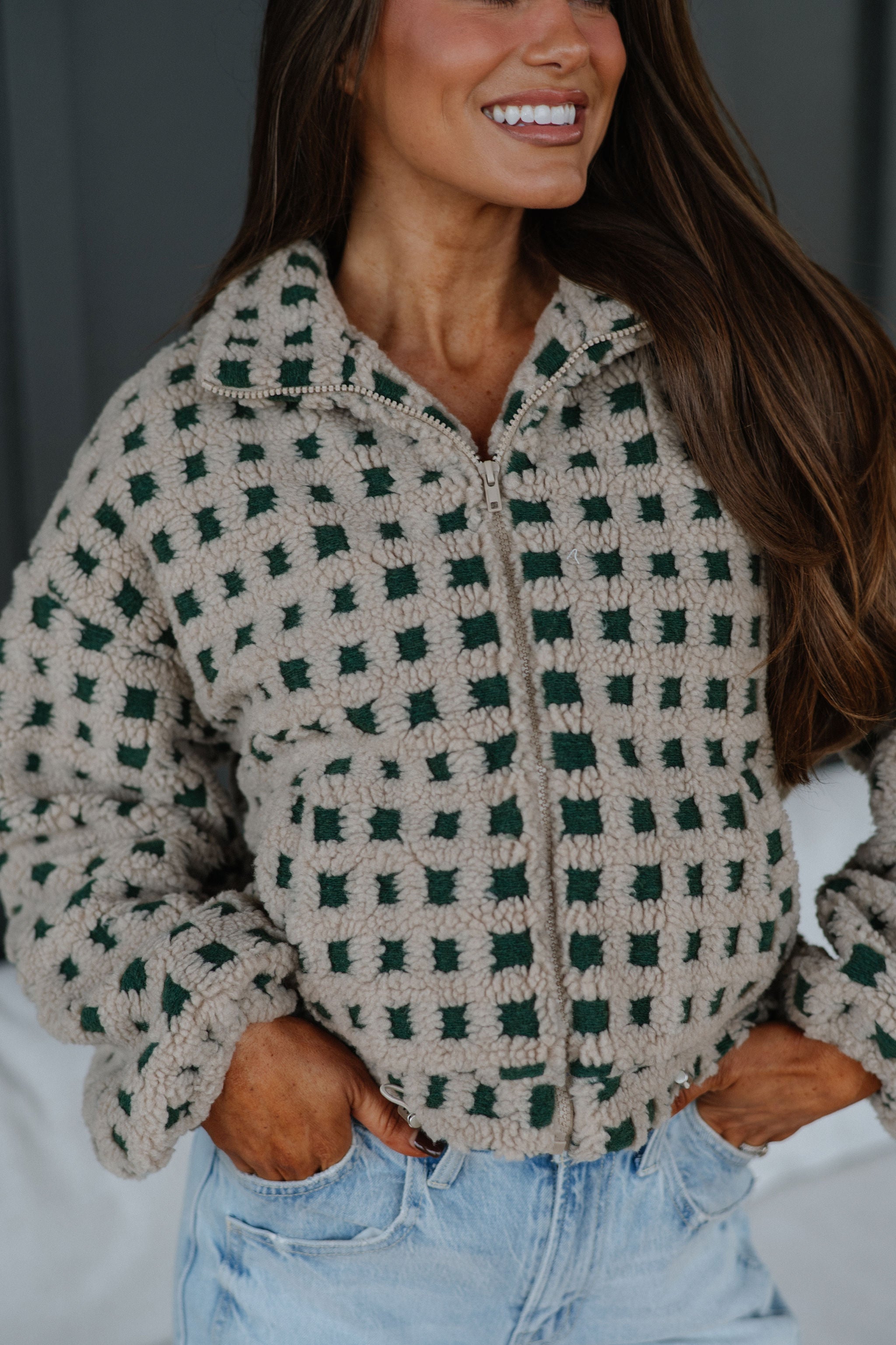 Checkered Sherpa Jacket-Taupe/Hunter Green