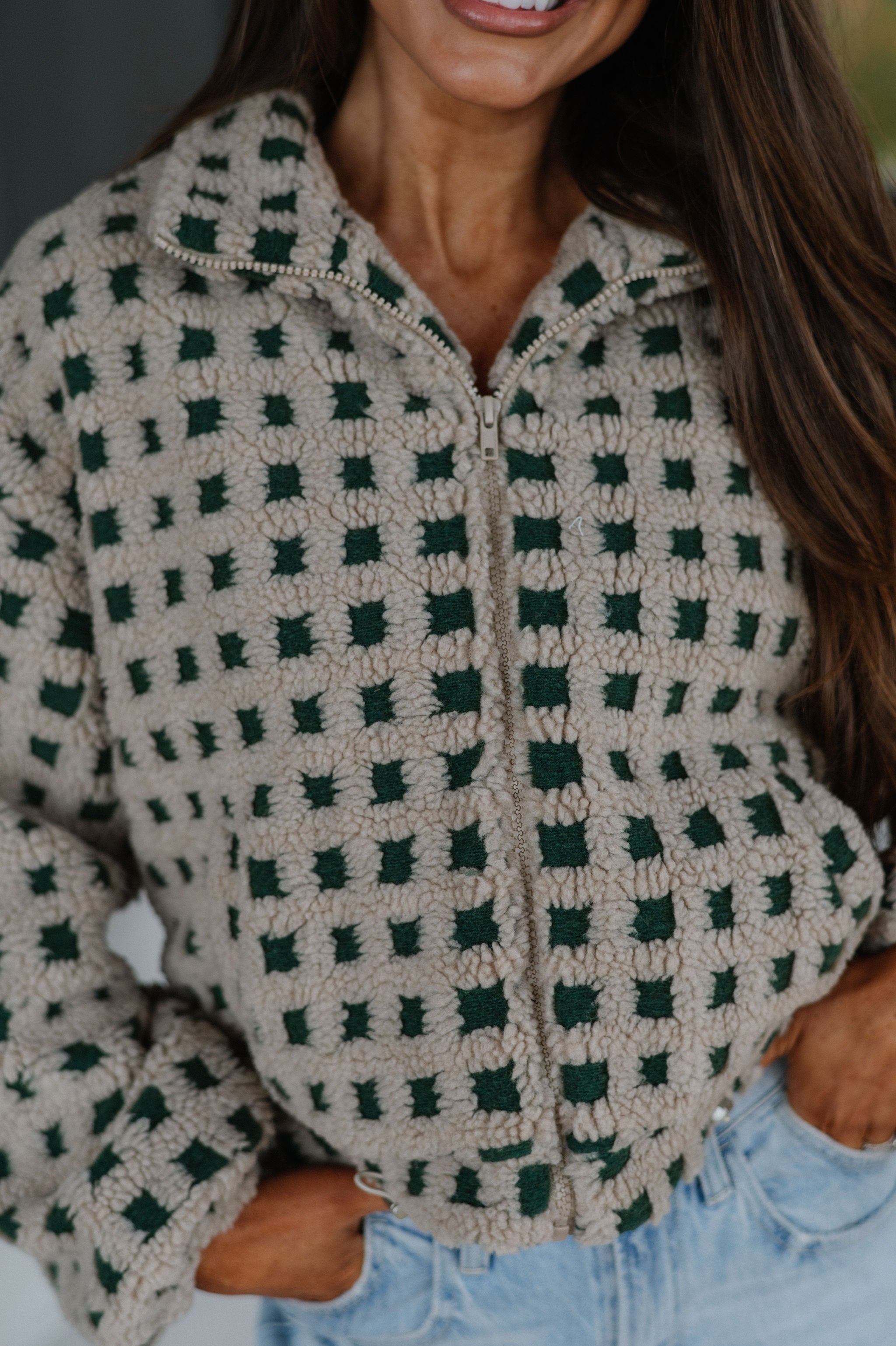 Checkered Sherpa Jacket-Taupe/Hunter Green