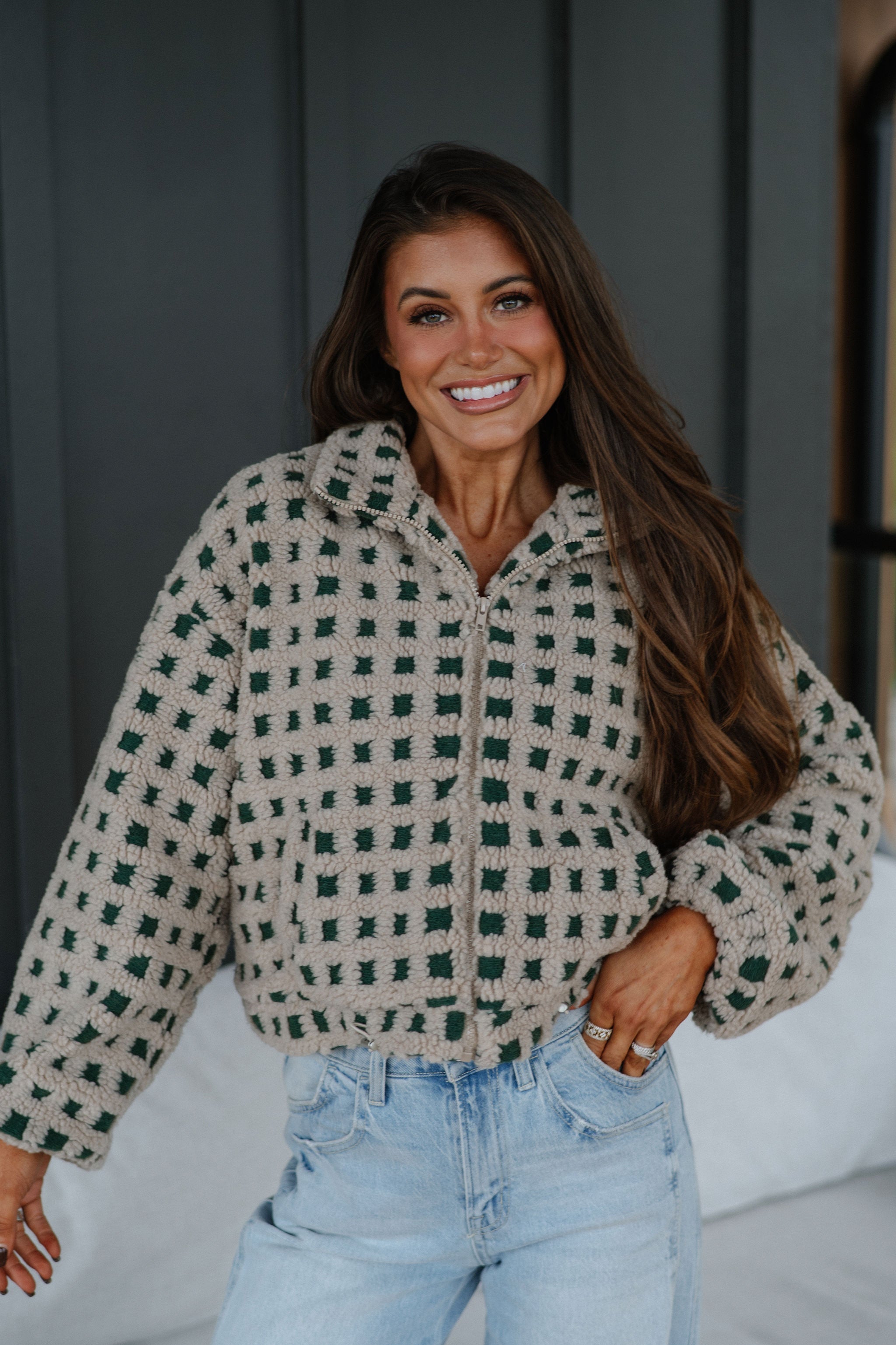 Checkered Sherpa Jacket-Taupe/Hunter Green