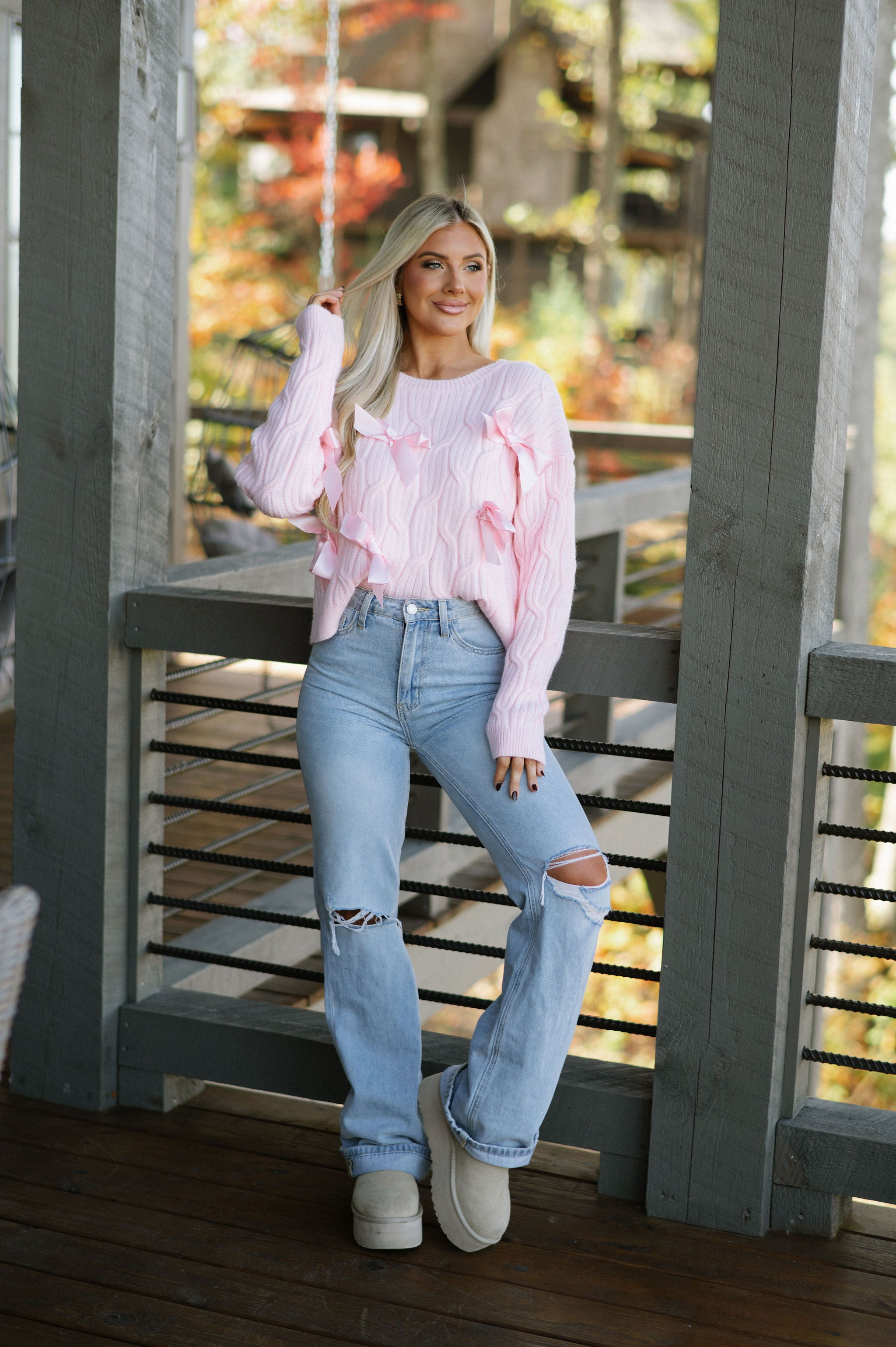 Bow Cable Knit Sweater- Baby Pink