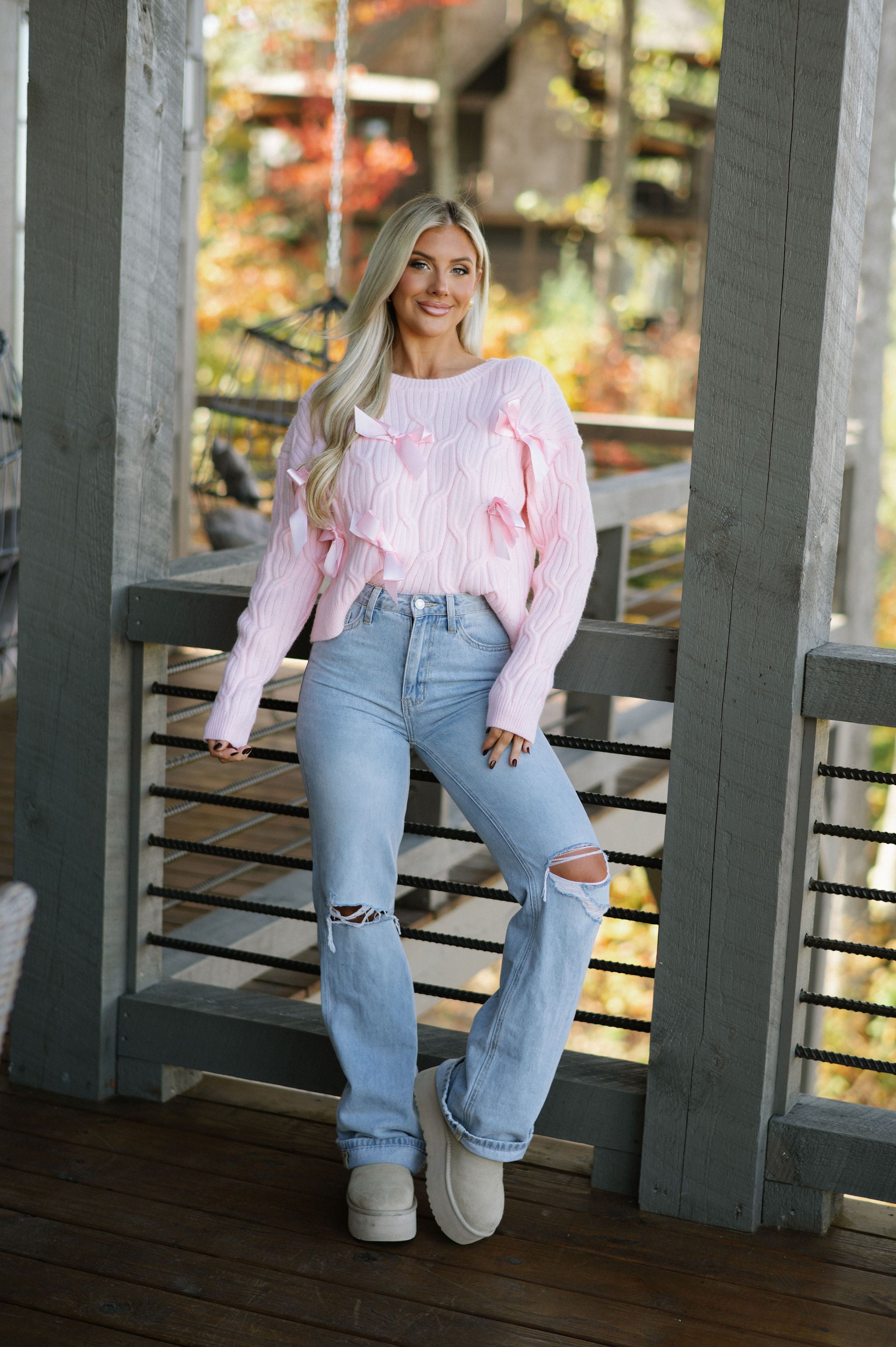 Bow Cable Knit Sweater- Baby Pink