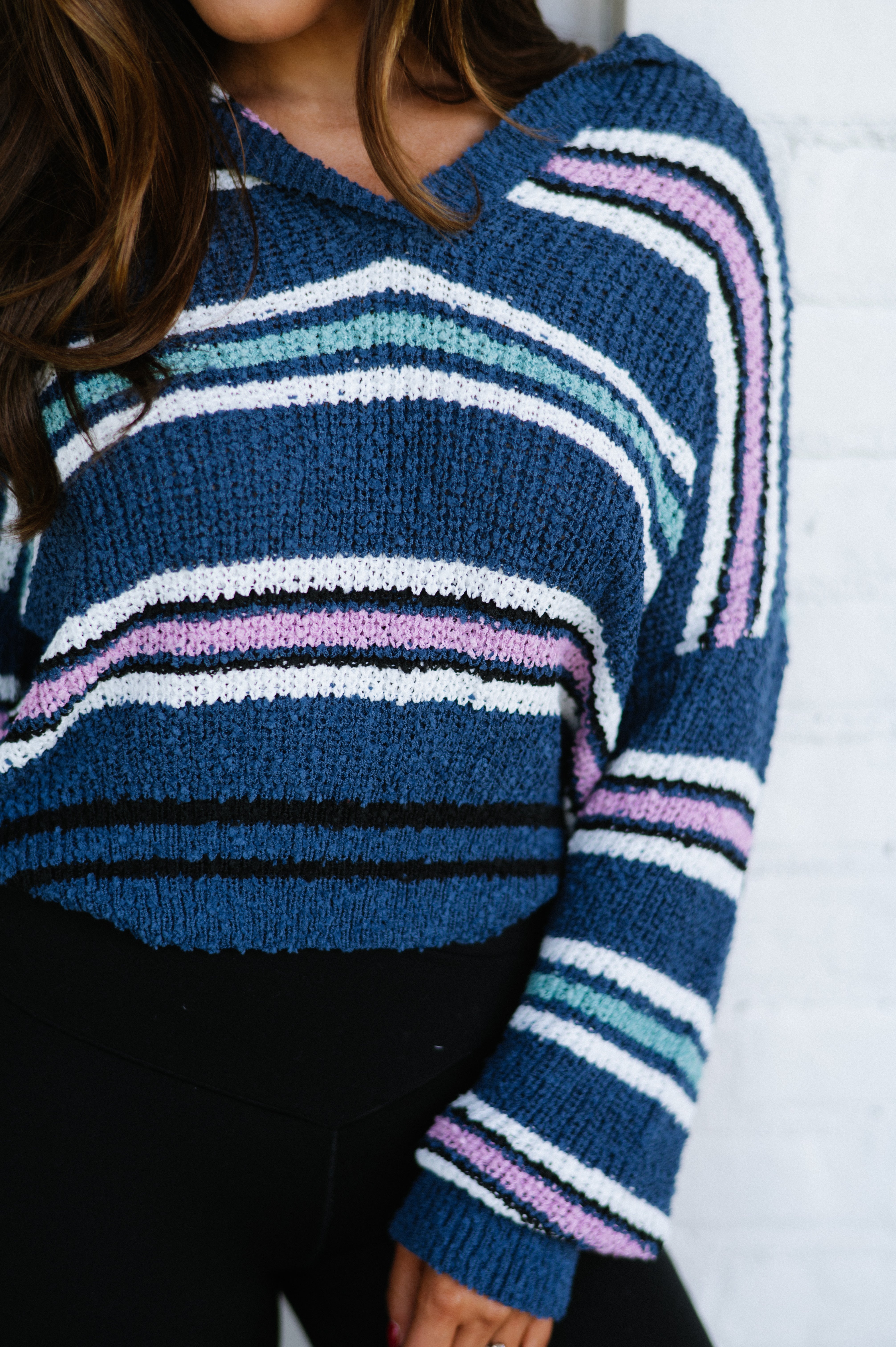 Multi Stripe Fuzzy Sweater-Navy Mix