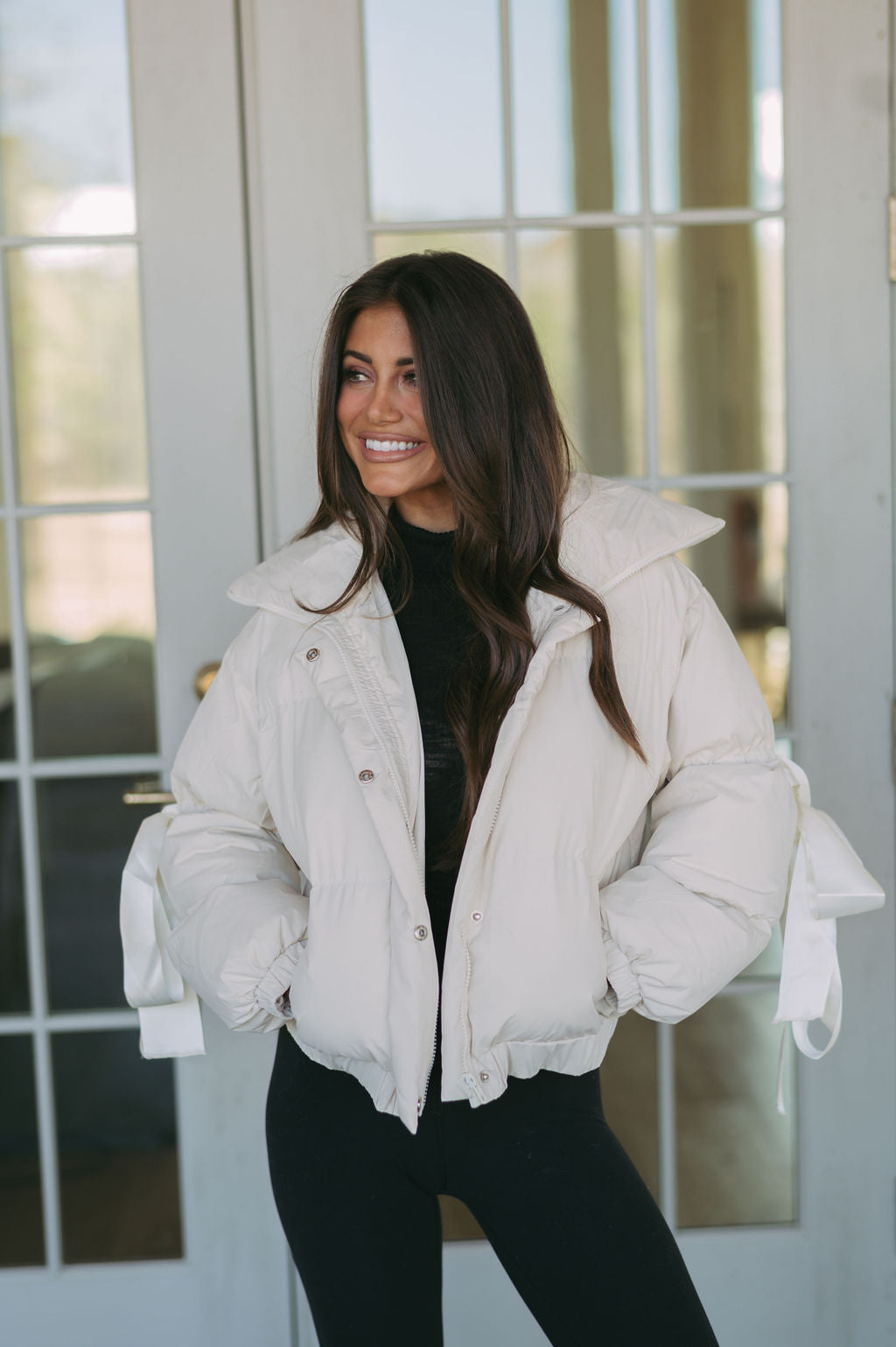 Ribbon Accent Puffer Jacket- Cream