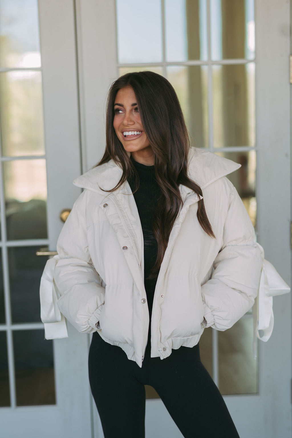 Ribbon Accent Puffer Jacket- Cream