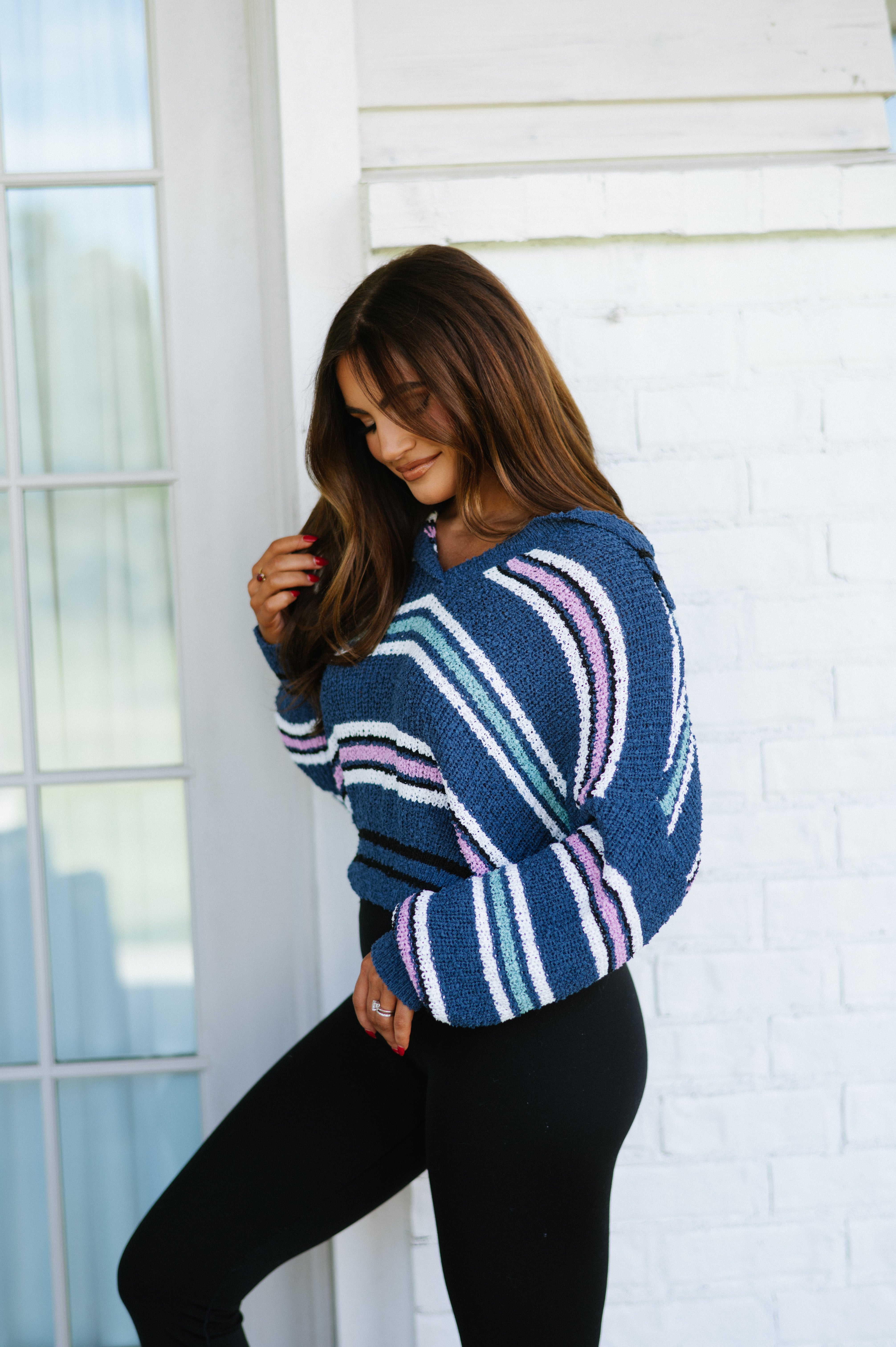 Multi Stripe Fuzzy Sweater-Navy Mix