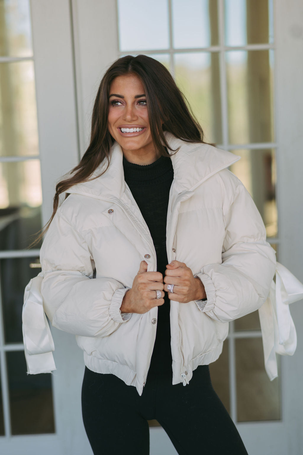 Ribbon Accent Puffer Jacket- Cream