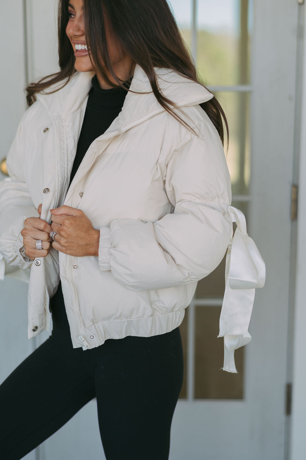 Ribbon Accent Puffer Jacket- Cream