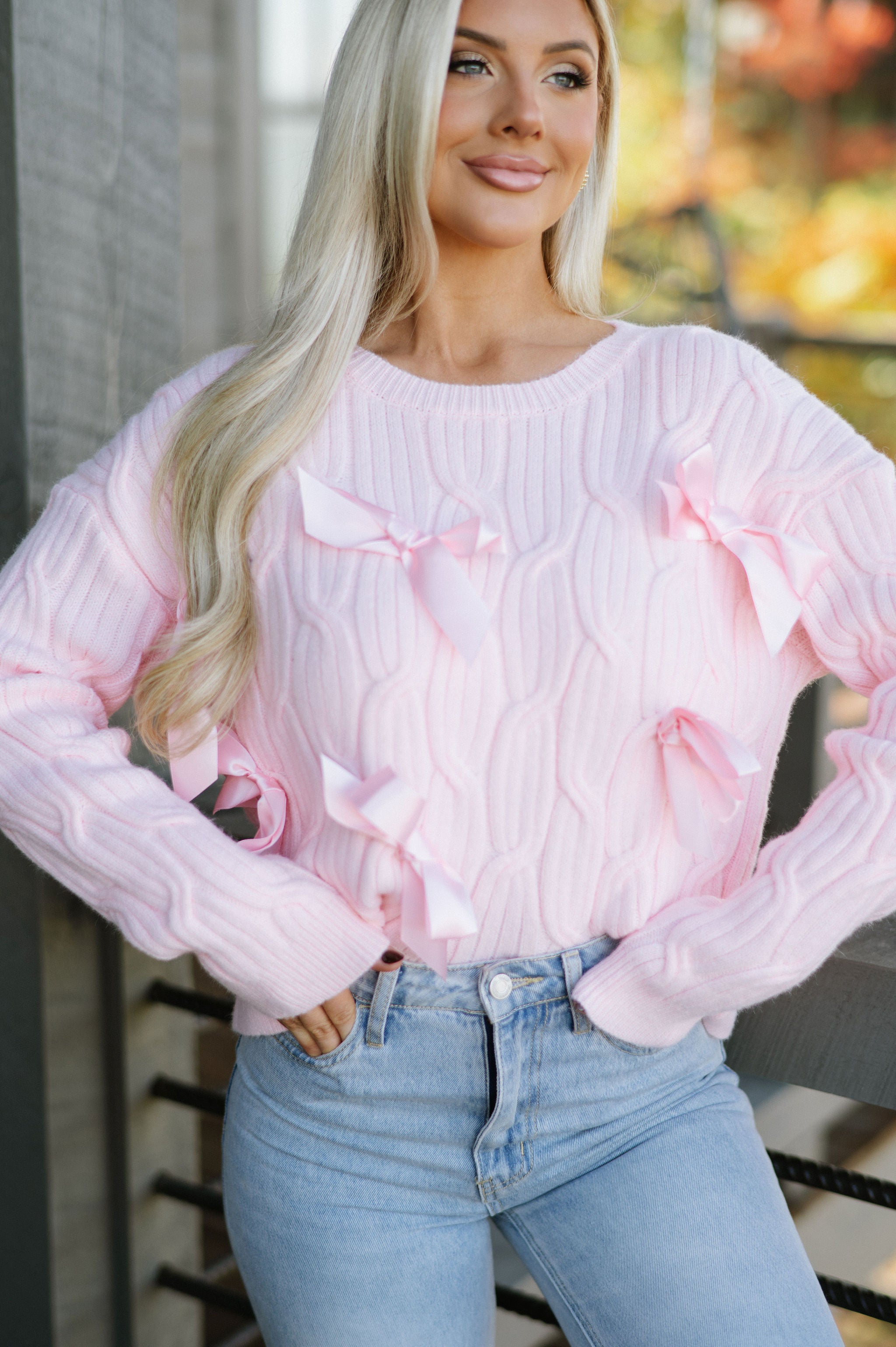 Bow Cable Knit Sweater- Baby Pink