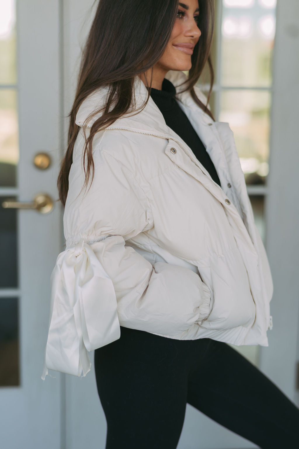 Ribbon Accent Puffer Jacket- Cream