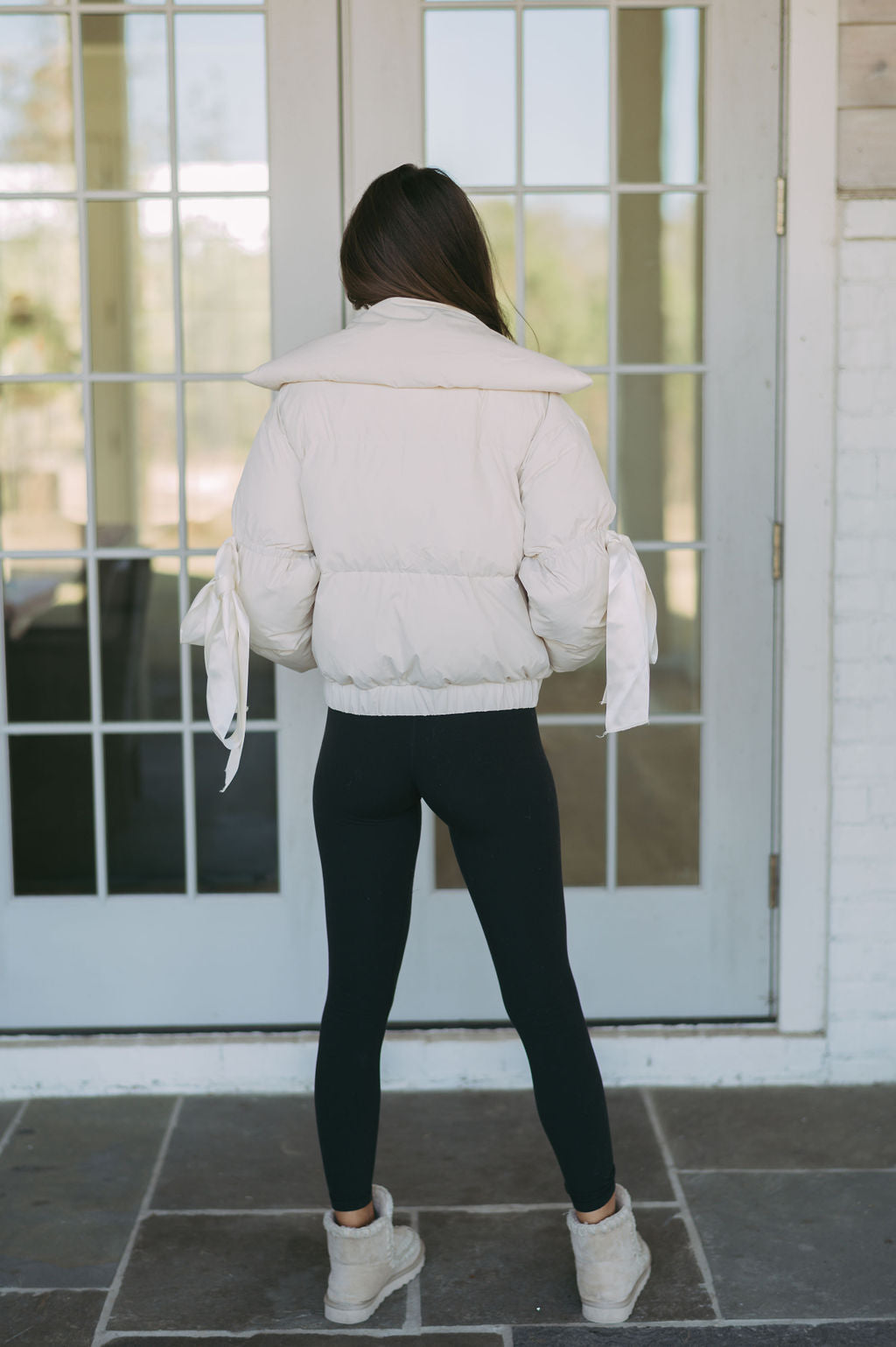 Ribbon Accent Puffer Jacket- Cream