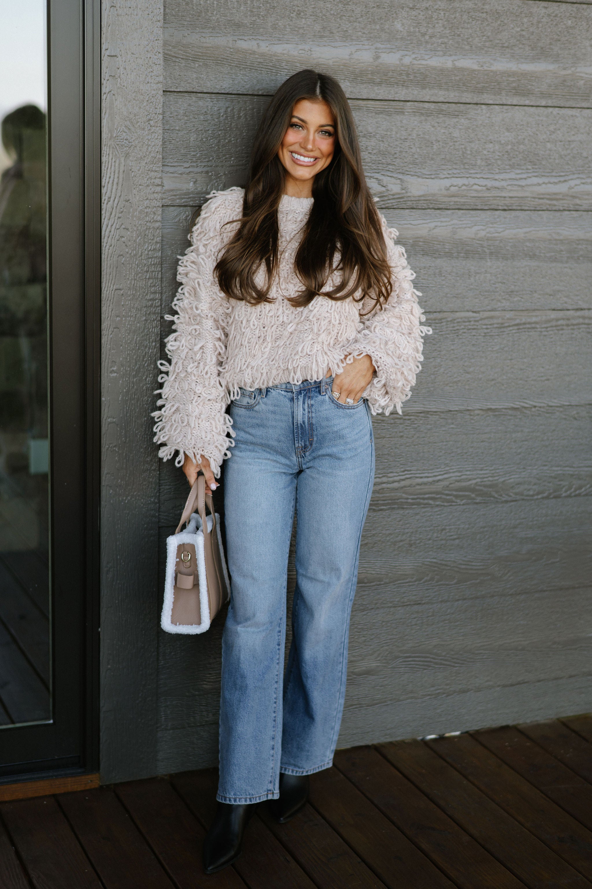 Knitted Shaggy Sweater-Taupe